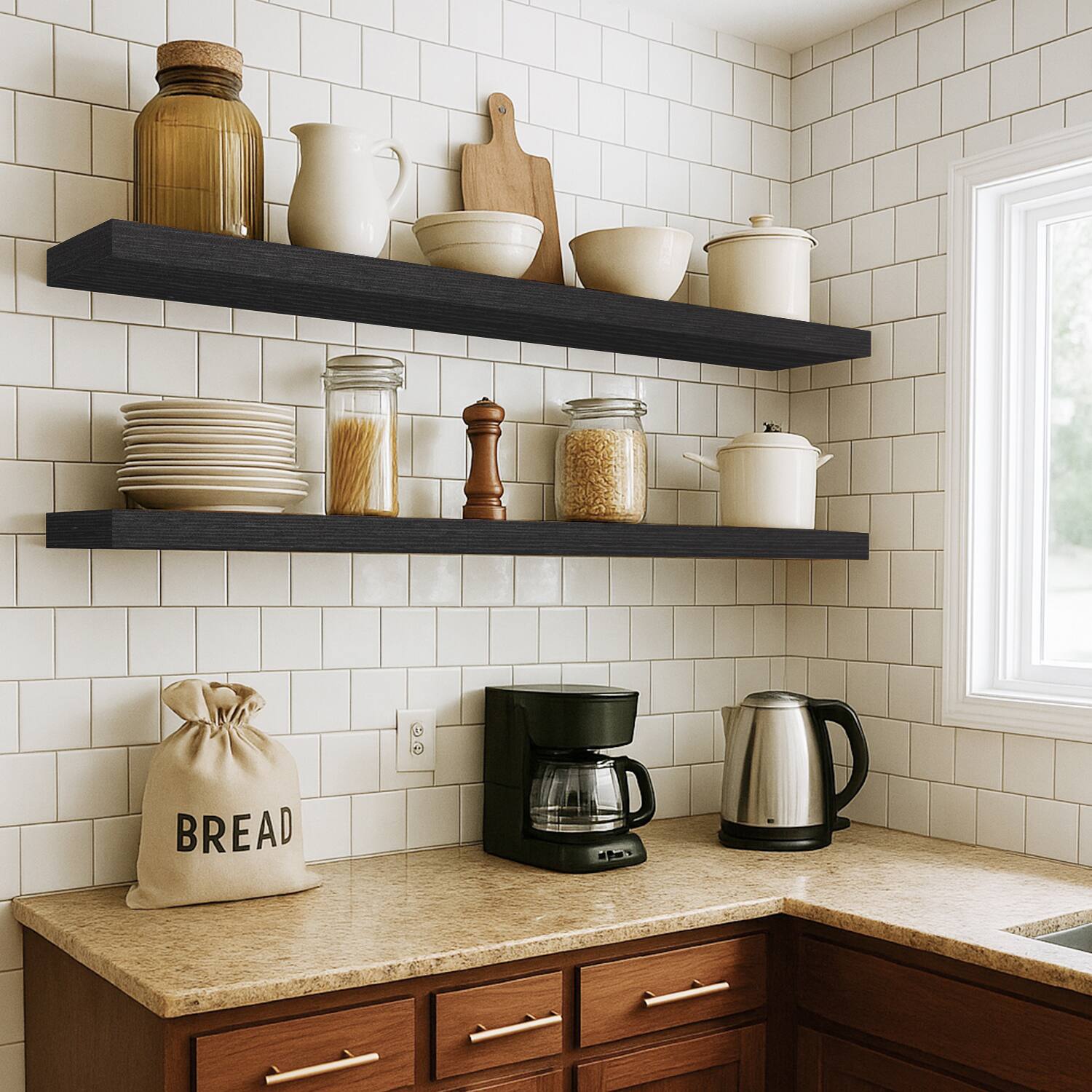 Alt View 4. Mifurn - Floating Shelves for Wall, Wooden Mounted Wall Shelf for Room, Over Toilet Bathroom Shelves Storage, 36x7x1.5 in, 2 Pack - Black.