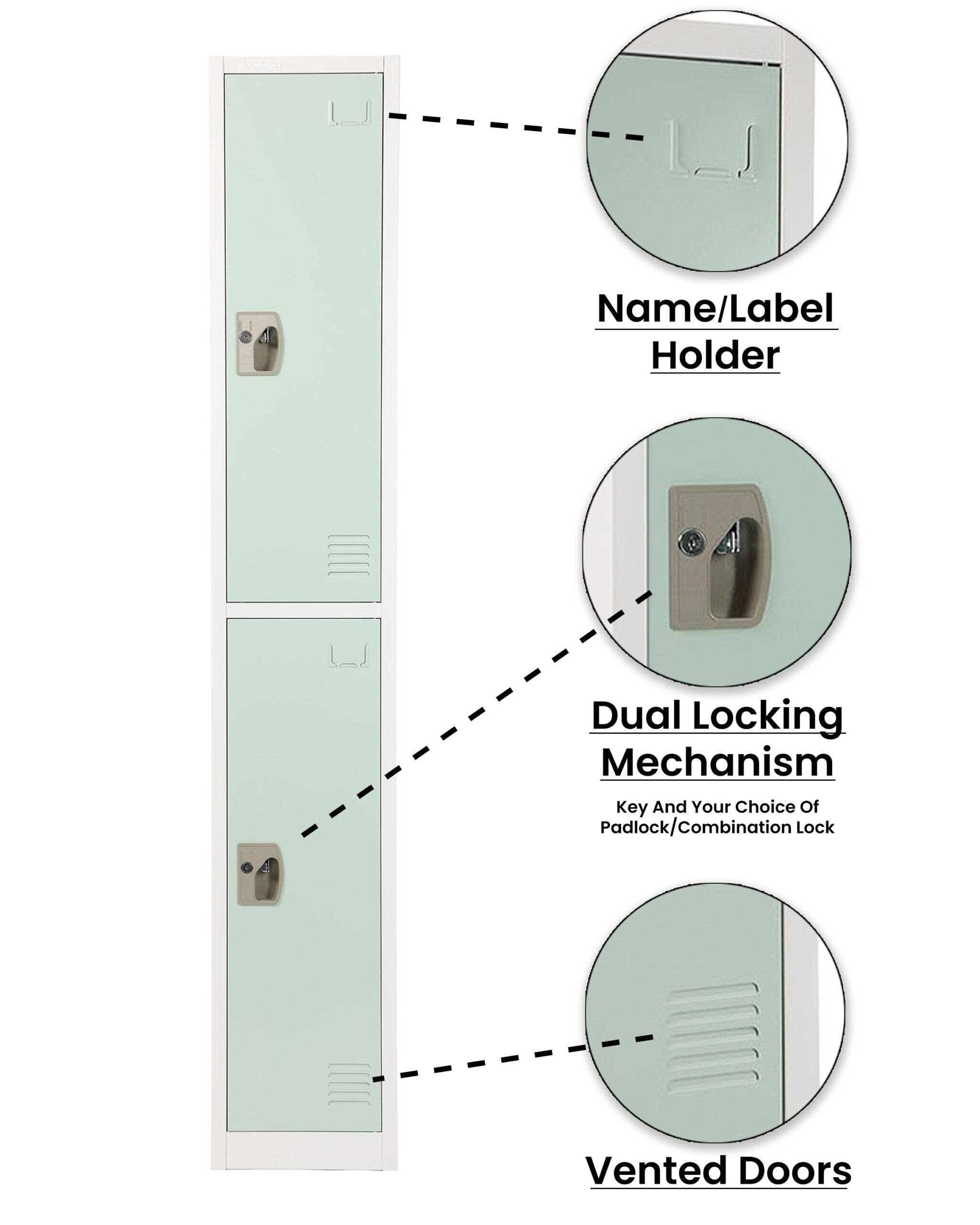 Name/Label Holder, Dual Locking Mechanism, Key And Your Choice Of Padlock/Combination Lock, Vented Doors