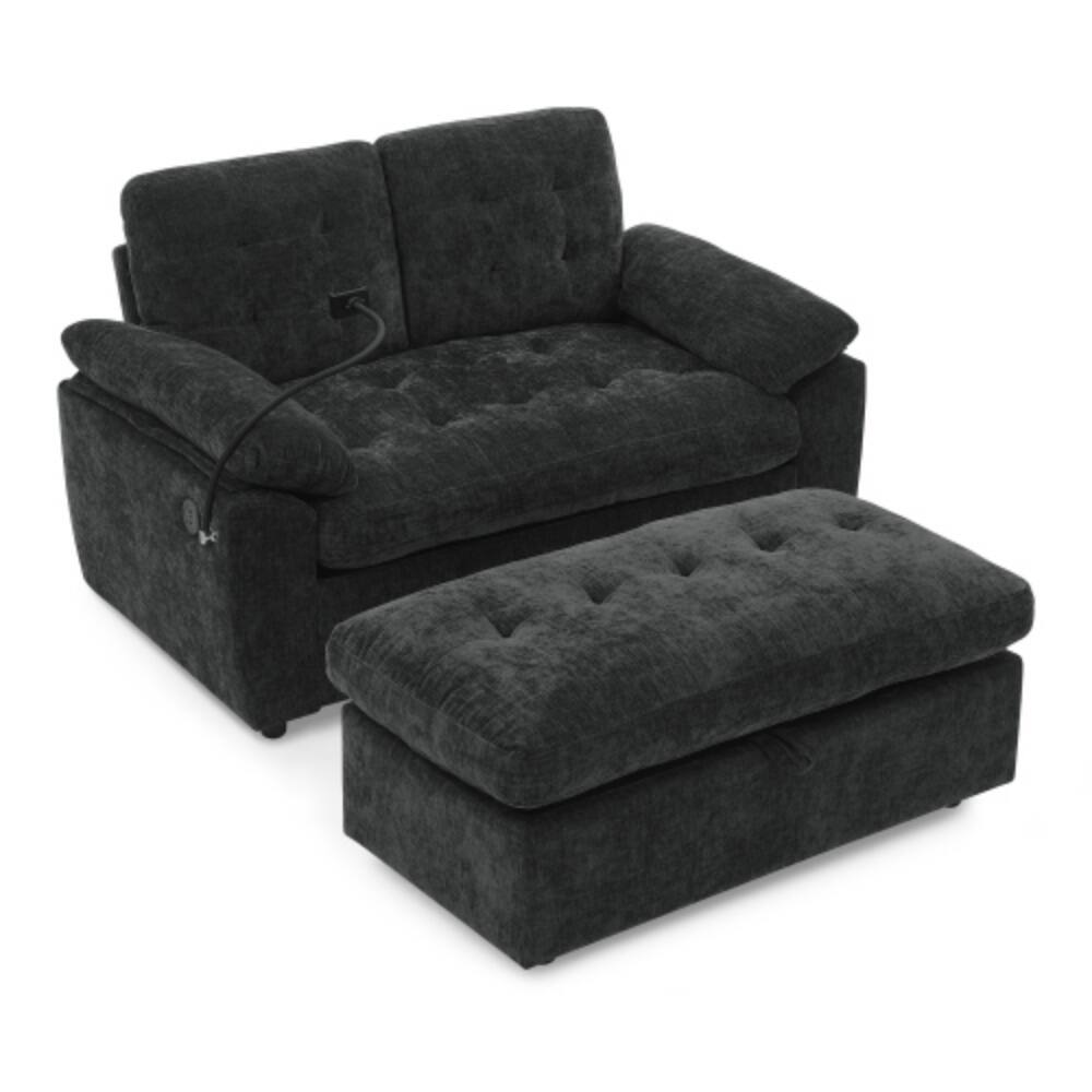 Alt View 5. LUCKY ONE - Double Sofa Recliner w/ Manual Adjustable Backrest USB Port Phone Stand Storage Ottoman - Black.