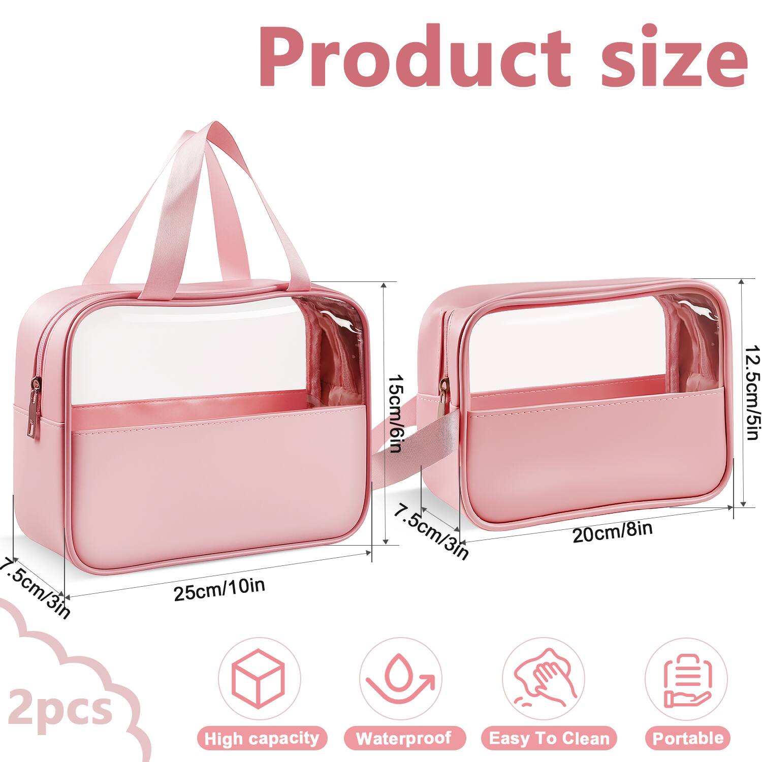 Product size

7.5cm/3in  
25cm/10in  
15cm/6in  
.5cm/3in  
20cm/8in  
12.5cm/5in  

2pcs  

High capacity  
Waterproof  
Easy To Clean  
Portable