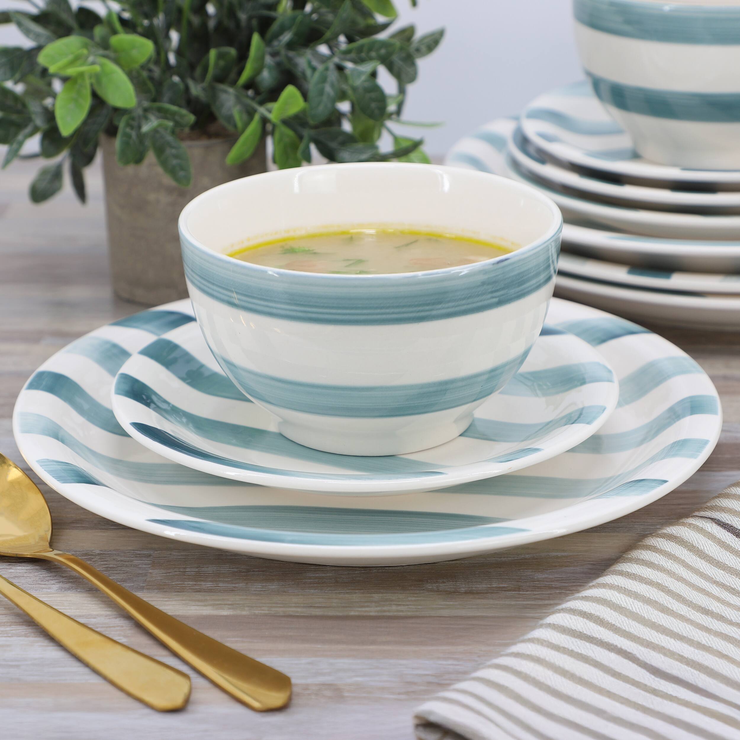 Alt View 6. Gibson - Gibson Home Kenwood Shores 12 Piece Stoneware Dinnerware Set in Blue Stripe - Blue Stripe.
