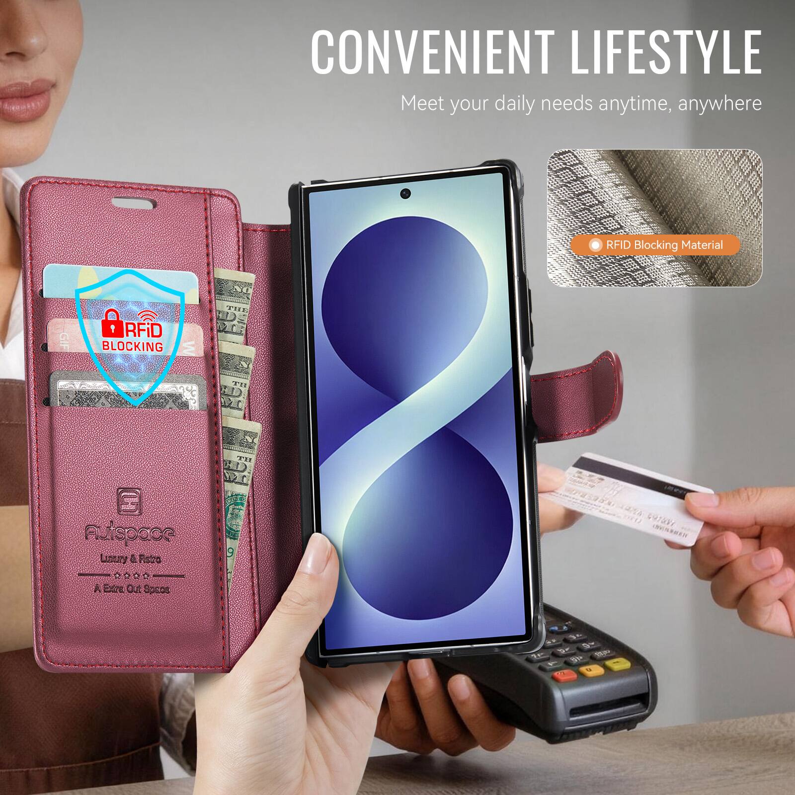 CONVENIENT LIFESTYLE  
Meet your daily needs anytime, anywhere

RFID Blocking Material

RFID BLOCKING

Auispace Luxury & Retro  
A Extra Out Space
