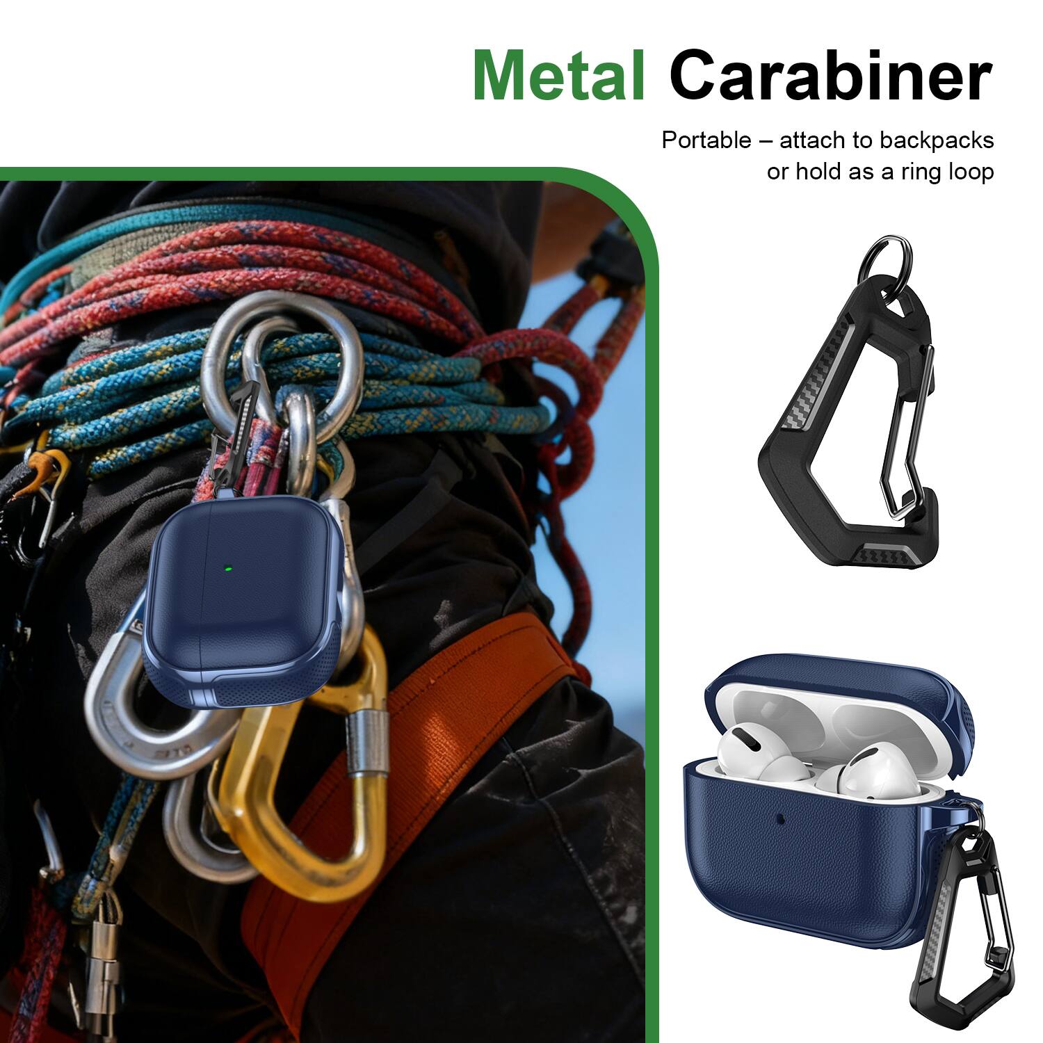 Metal Carabiner  
Portable – attach to backpacks or hold as a ring loop