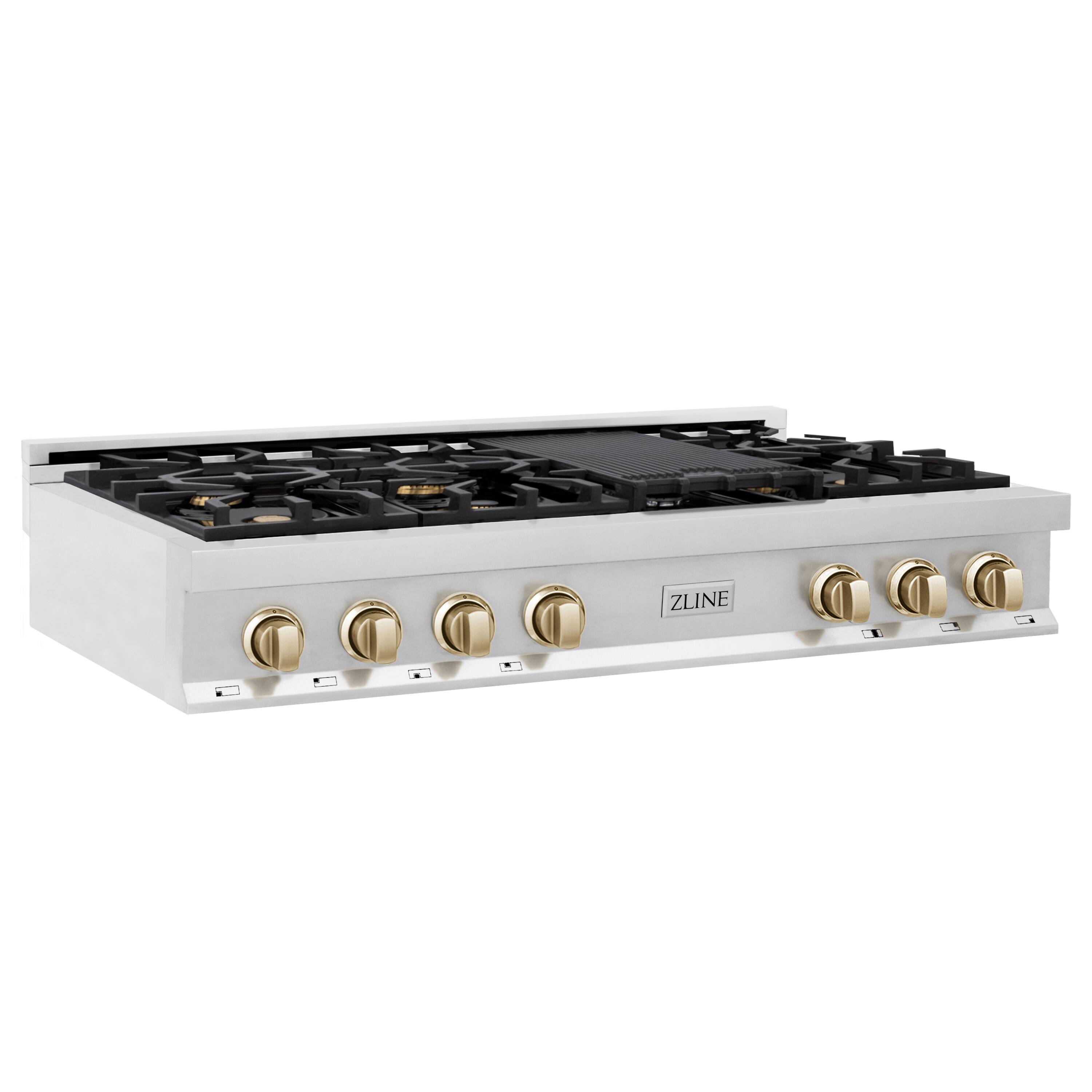 Alt View 6. ZLINE - Autograph Edition 48 in. Slide-In Legacy Gas Rangetop with 7 Burners and Porcelain Cooktop with Polished Gold Accents - Stainless Steel.