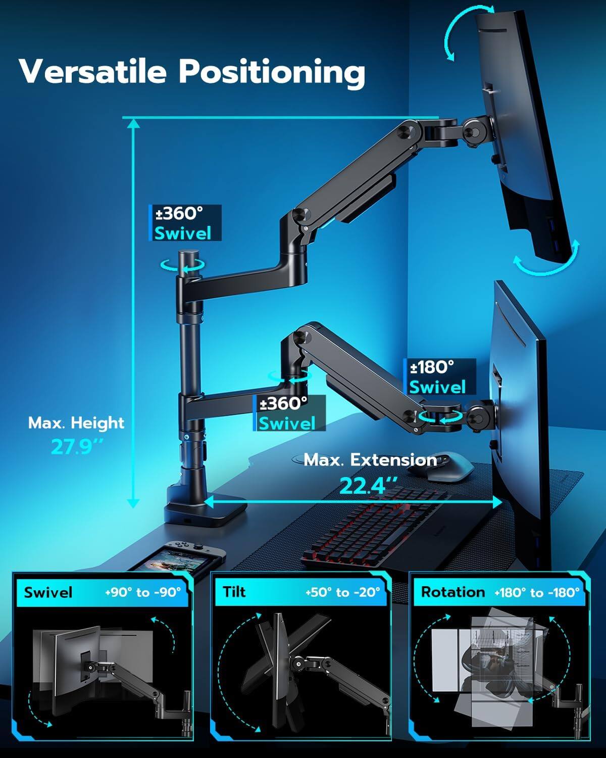Versatile Positioning

- Max. Height: 27.9"
- Max. Extension: 22.4"
- Swivel: +360°
- Swivel: +180°
- Swivel: +90° to -90°
- Tilt: +50° to -20°
- Rotation: +180° to -180°
