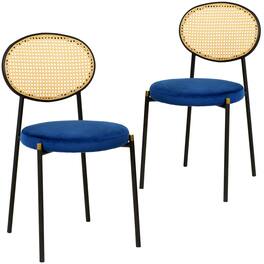LeisureMod - Euston 2-PCS Modern Woven Rattan Back Dining Chair with Black Stainless Steel Frame & Velvet Seat - Navy Blue