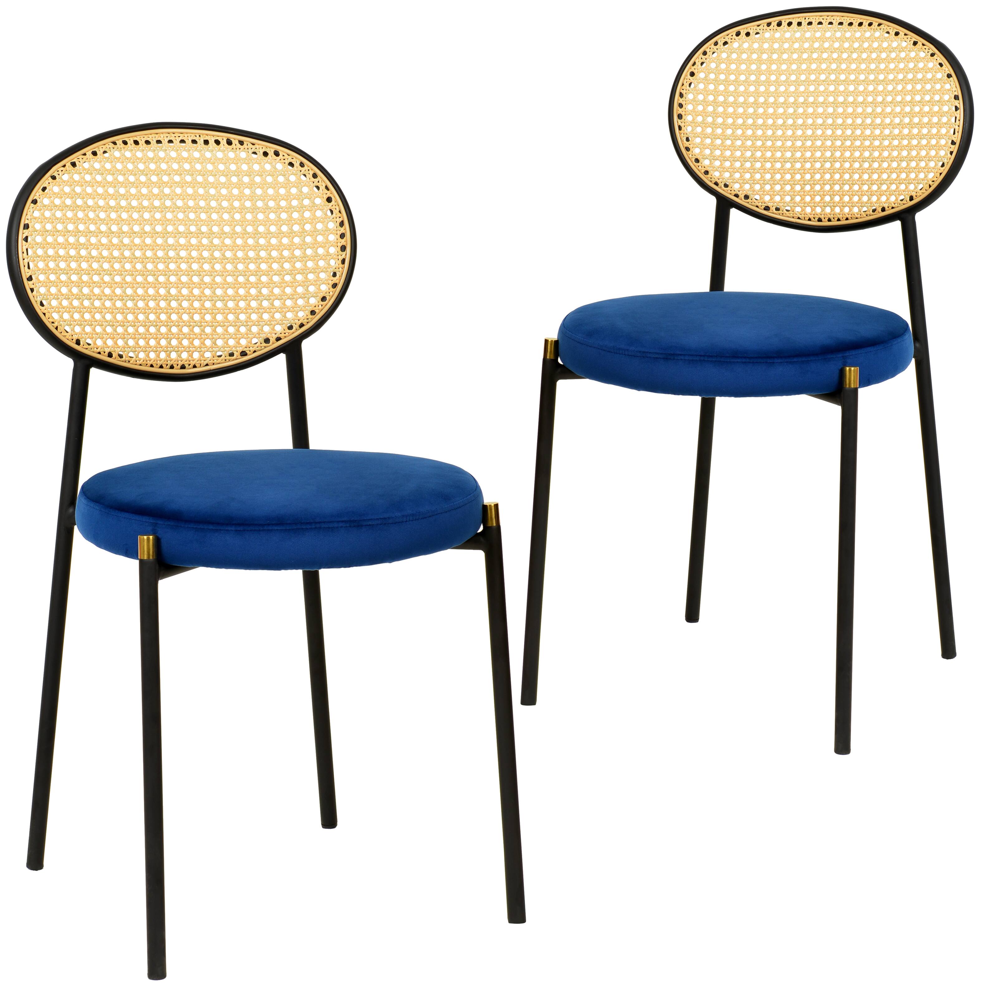 LeisureMod - Euston 2-PCS Modern Woven Rattan Back Dining Chair with Black Stainless Steel Frame & Velvet Seat - Navy Blue