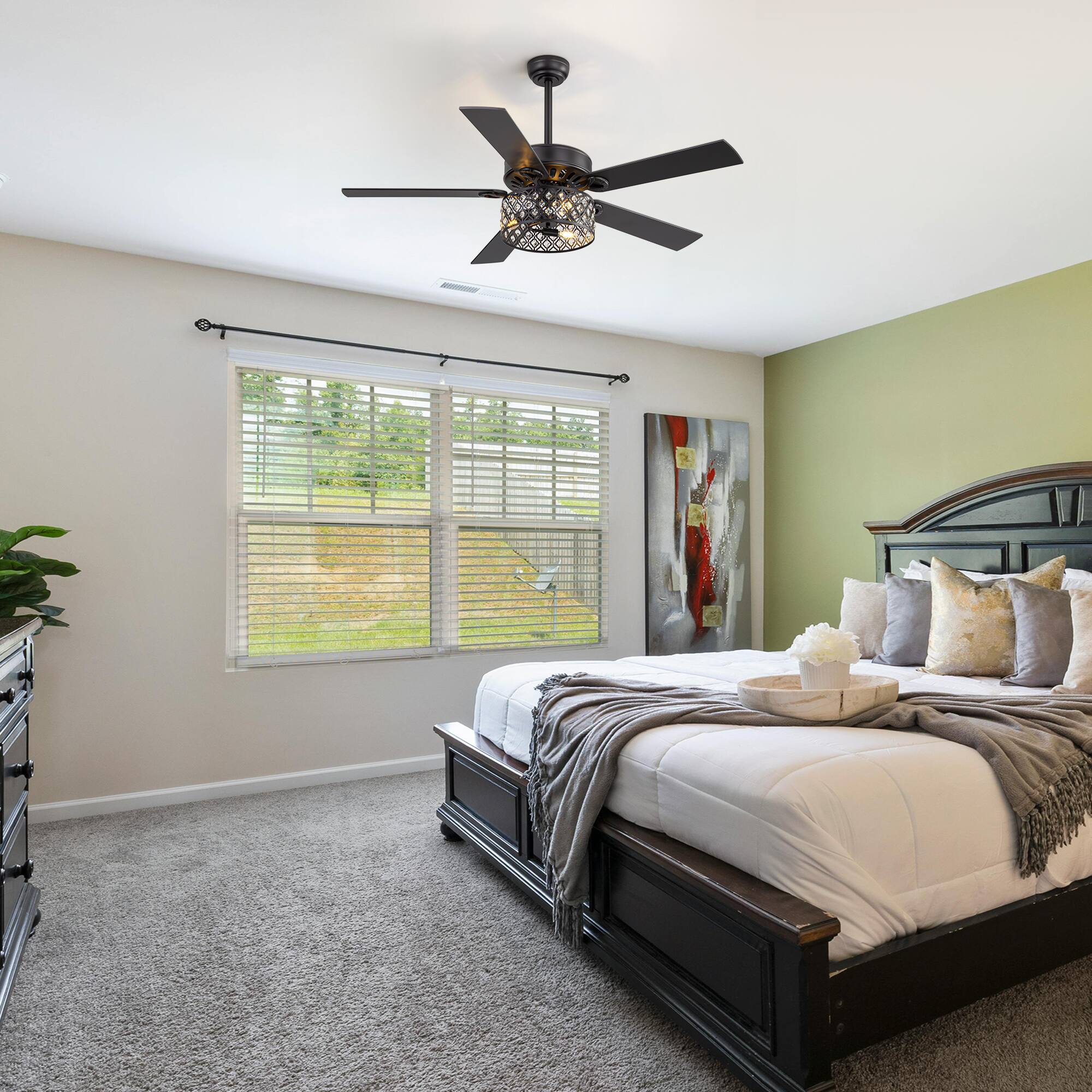 Back. Breezary - 52 Inch Ceiling Fan with Light, Crystal Drum Shade, 5 Dual-Finish Blades, Remote, 5&10 Inch Downrods - matte black and walnut.