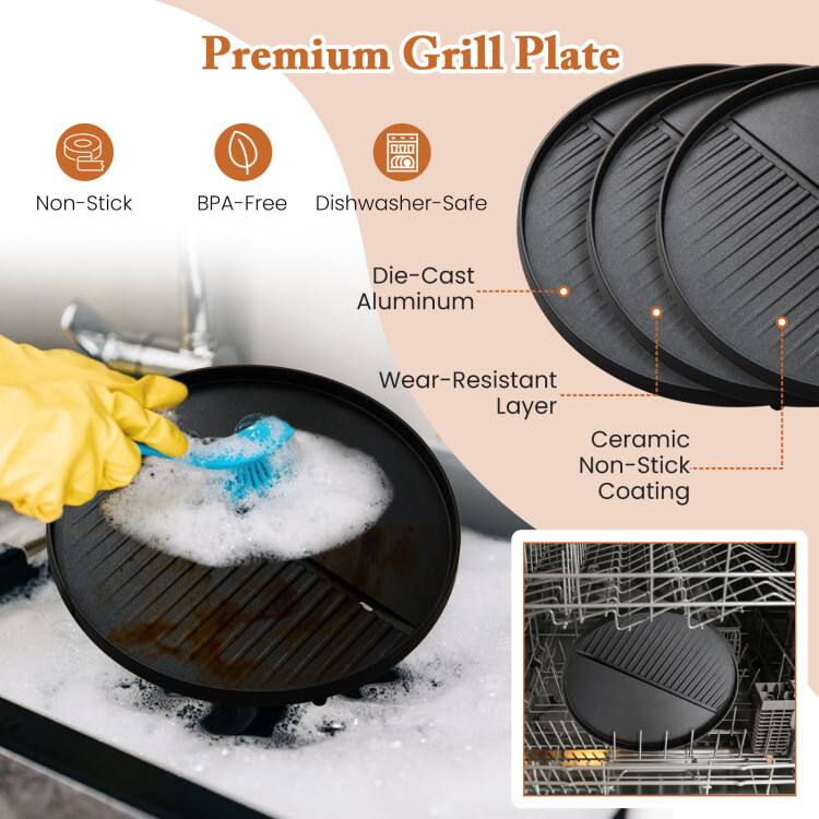 Premium Grill Plate, Non-Stick, BPA-Free, Dishwasher-Safe, Die-Cast Aluminum, Wear-Resistant Layer, Ceramic Non-Stick Coating
