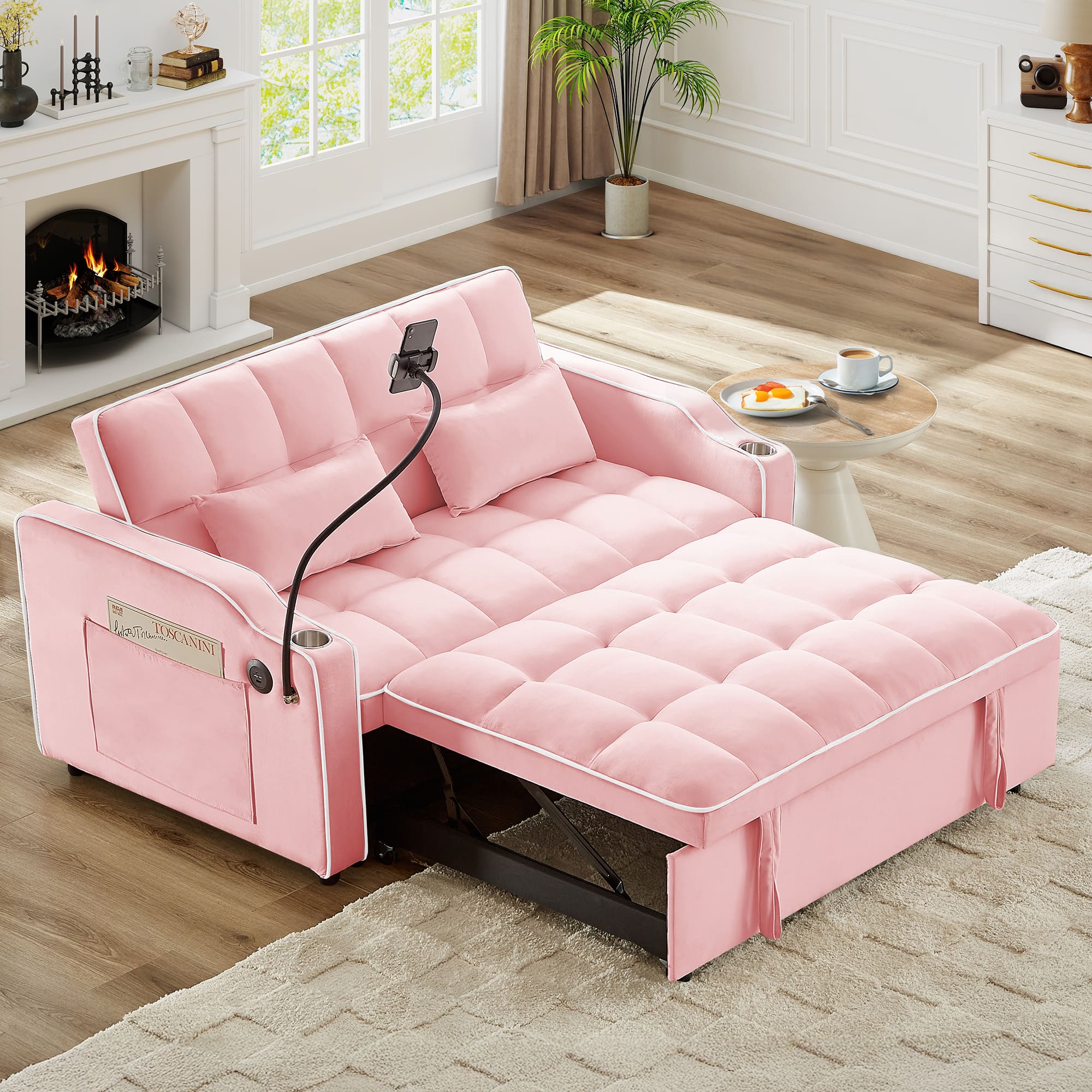 Trinkets Crazed - Sleeper Sofa Couch Bed with Phone Holder, 3-in-1 Convertible Velvet Pull Out Loveseat Futon Sofa with USB & Cup Holder - Pink