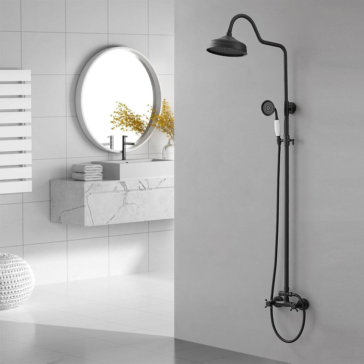 Alt View 2. Dazzed Corner - Matte Black Shower Kit with 8" Rainfall Head, Handheld Spray & Double Cross Knob - Matte Black.