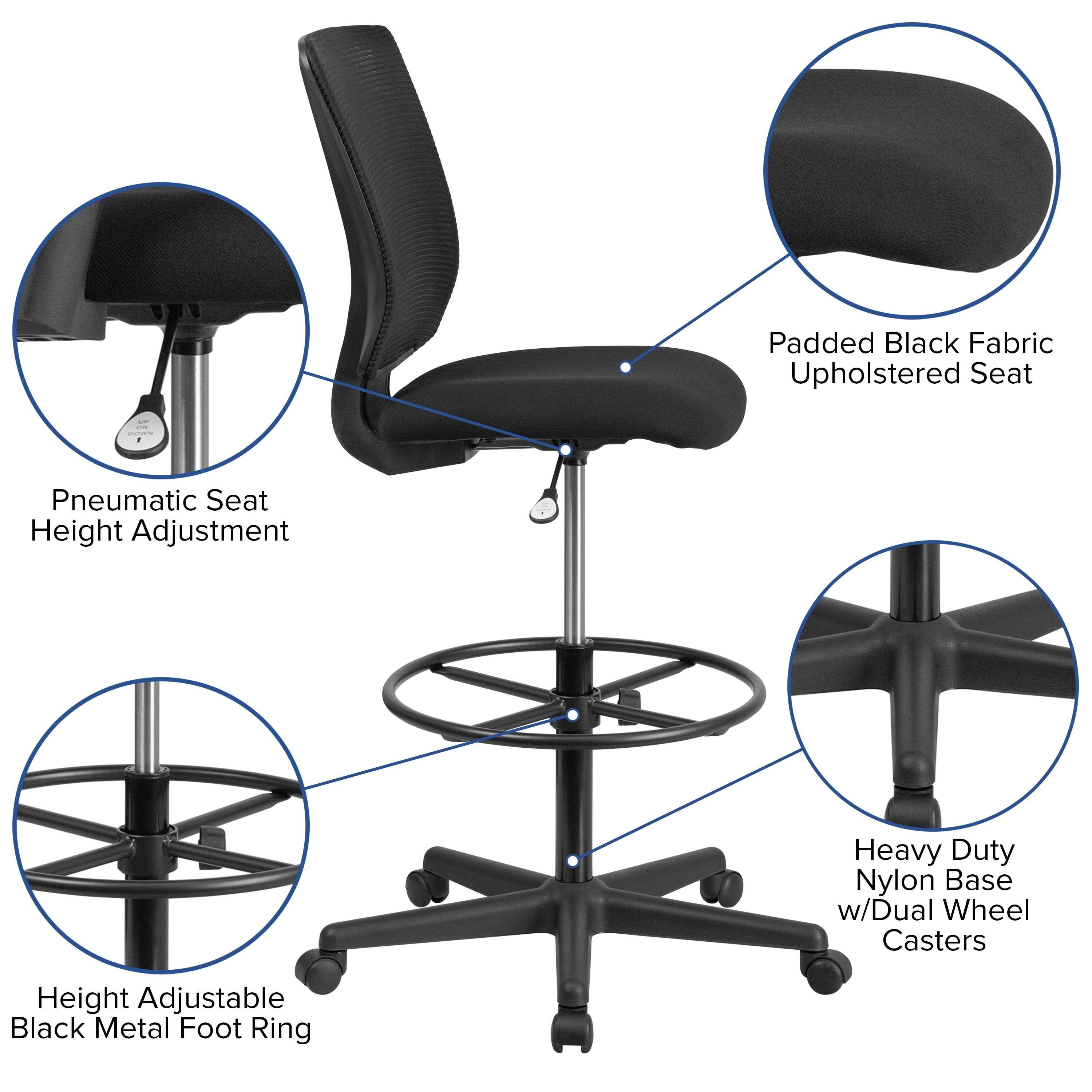 Padded Black Fabric Upholstered Seat  
Pneumatic Seat Height Adjustment  
Heavy Duty Nylon Base w/Dual Wheel Casters  
Height Adjustable Black Metal Foot Ring
