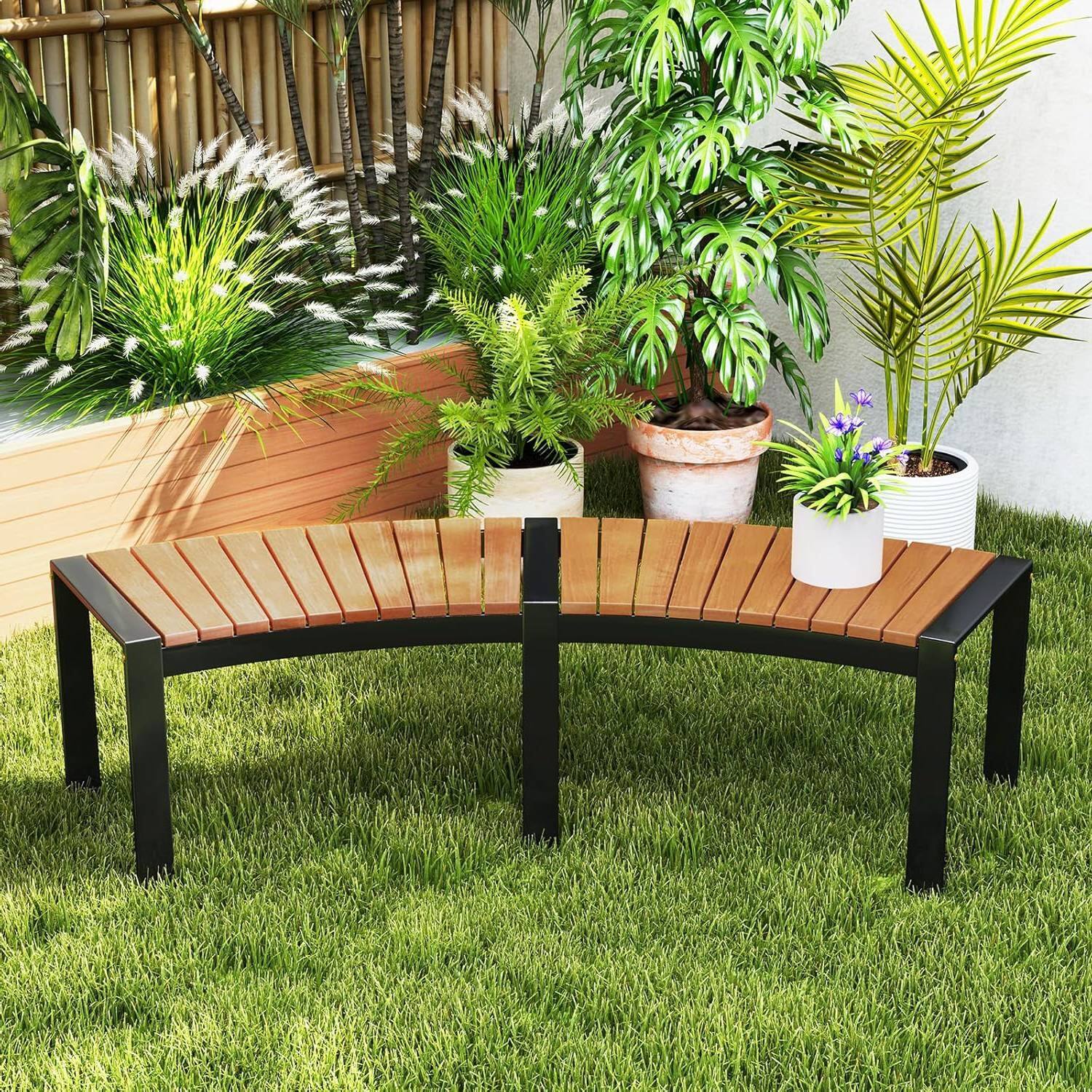 Left. SlickBlue - Set of 2 Outdoor Backless Garden Benches with Metal & Wood, Curved Design - Natural, Black.