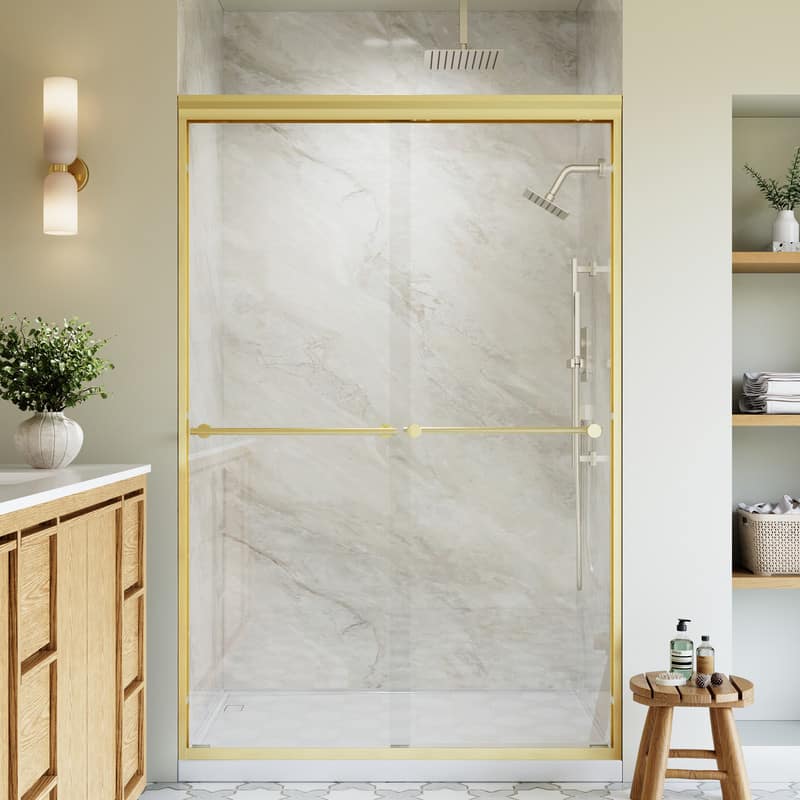 WELLFOR - 44-48 in. W x 72 in. H Framed Sliding Shower Door with 1/4 in. Clear Tempered Safety Glass,Reversible - Brushed Gold