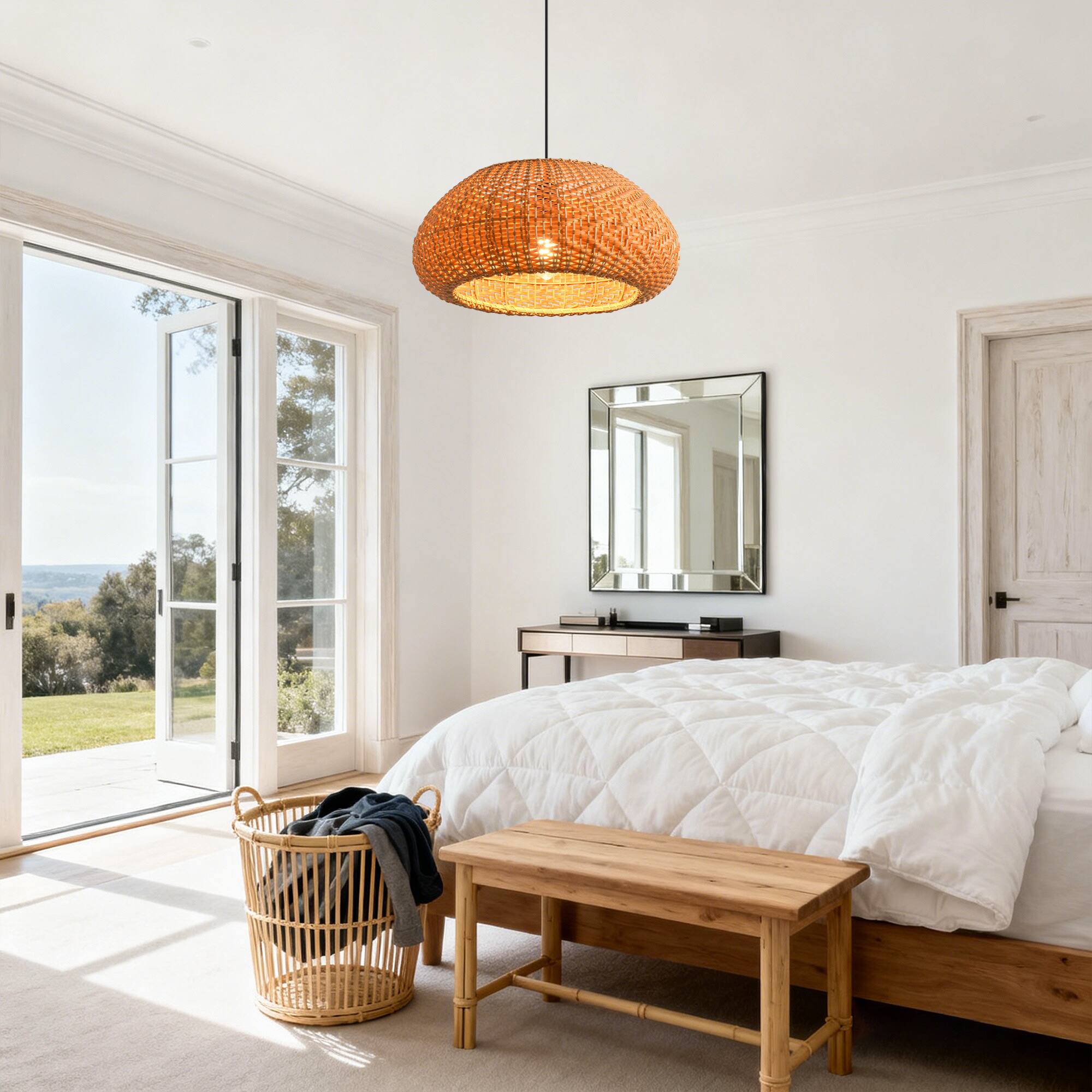 Back. Parrot Uncle - 1-Light Coastal Retro Brown Rattan Hand-Woven Cloche Hanging Cage Pendant Light.