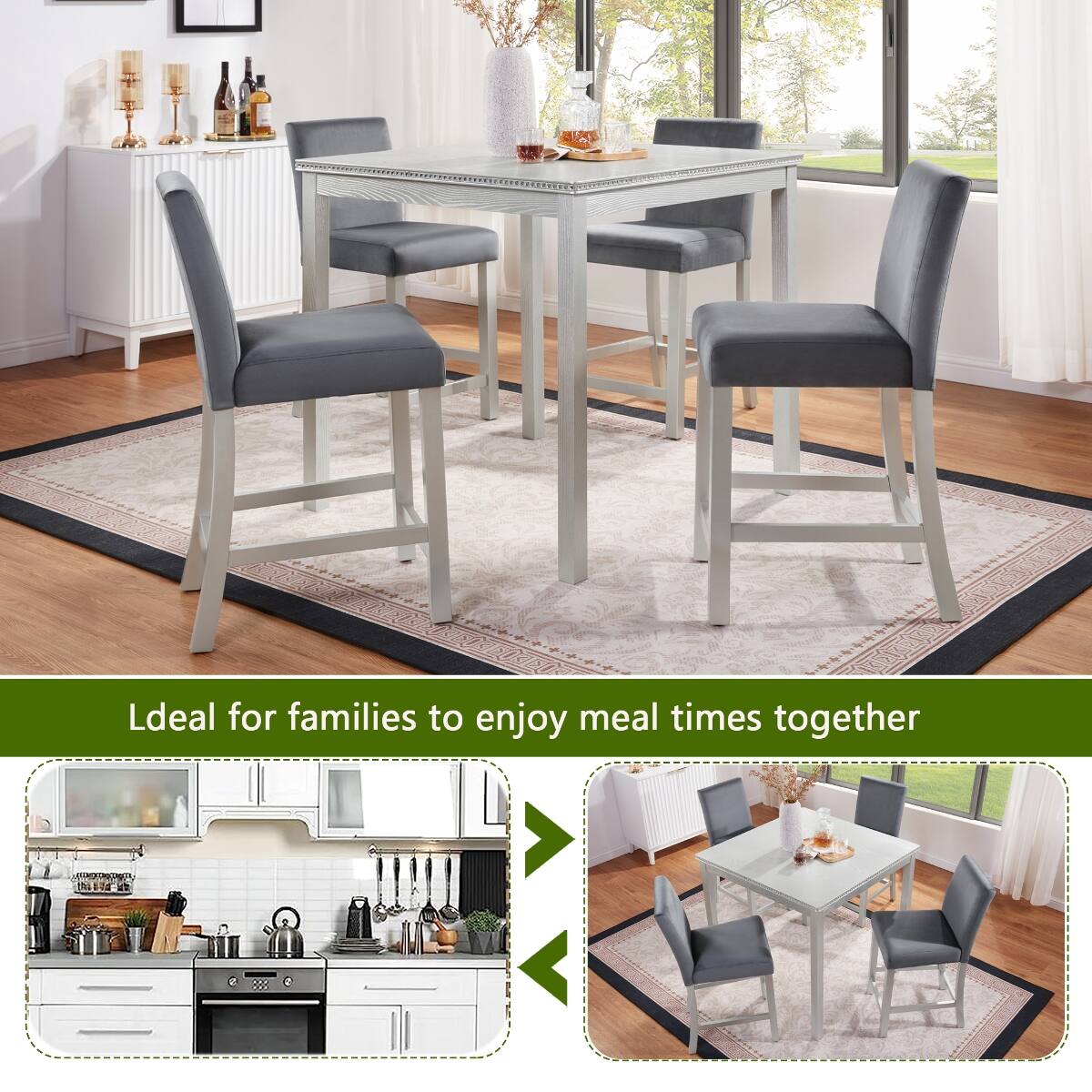 Loheer 5 Piece Counter Height Dining Table Set, Square Wood Table with ...