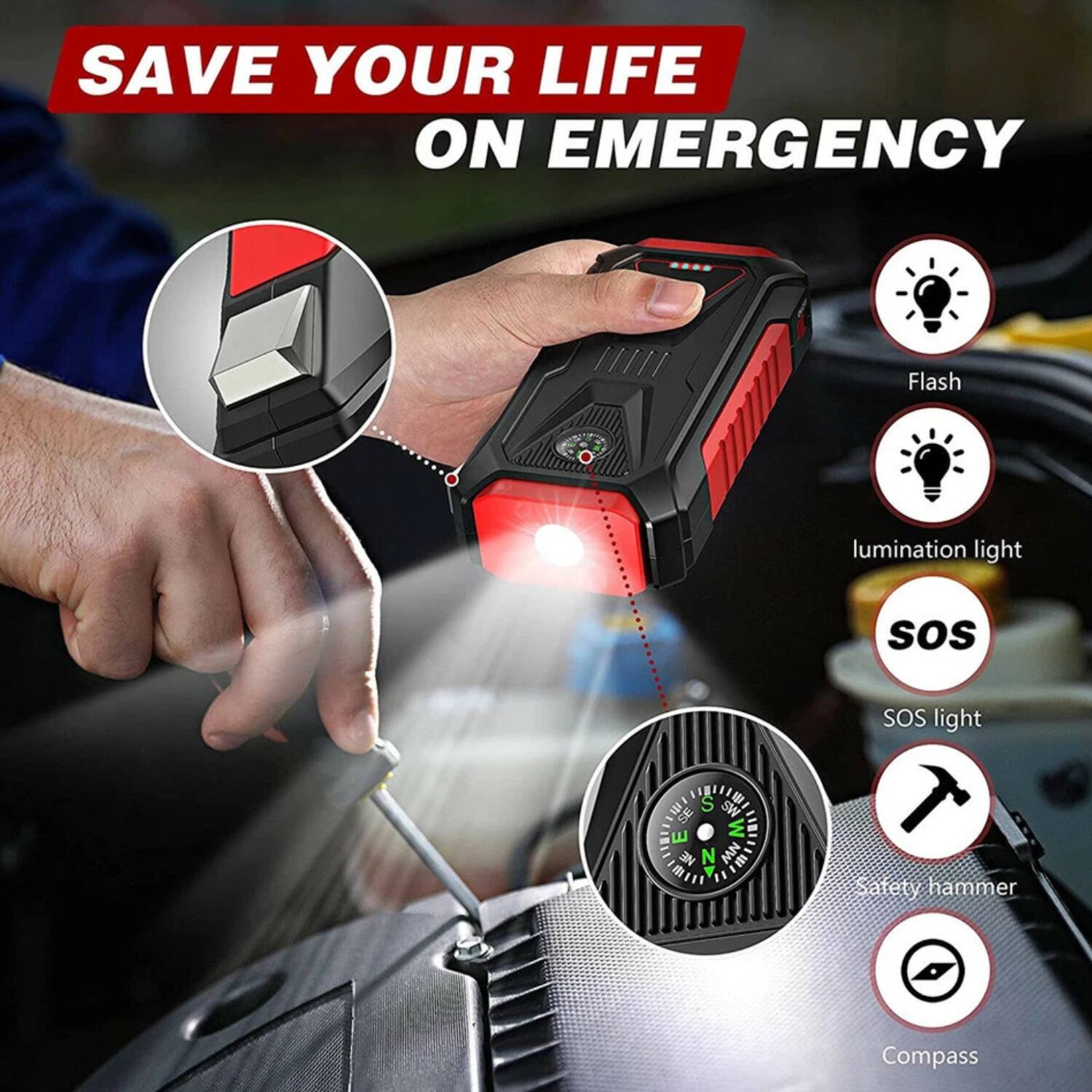 SAVE YOUR LIFE ON EMERGENCY

- Flash
- Illumination light
- SOS light
- Safety hammer
- Compass