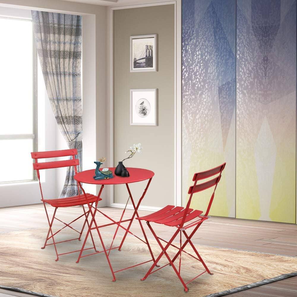 Back. Decksplore - 3 Piece Foldable Patio Set, Bistro Set, Outdoor Table and Chairs,Weather-Resistant Outdoor/Indoor - Red.