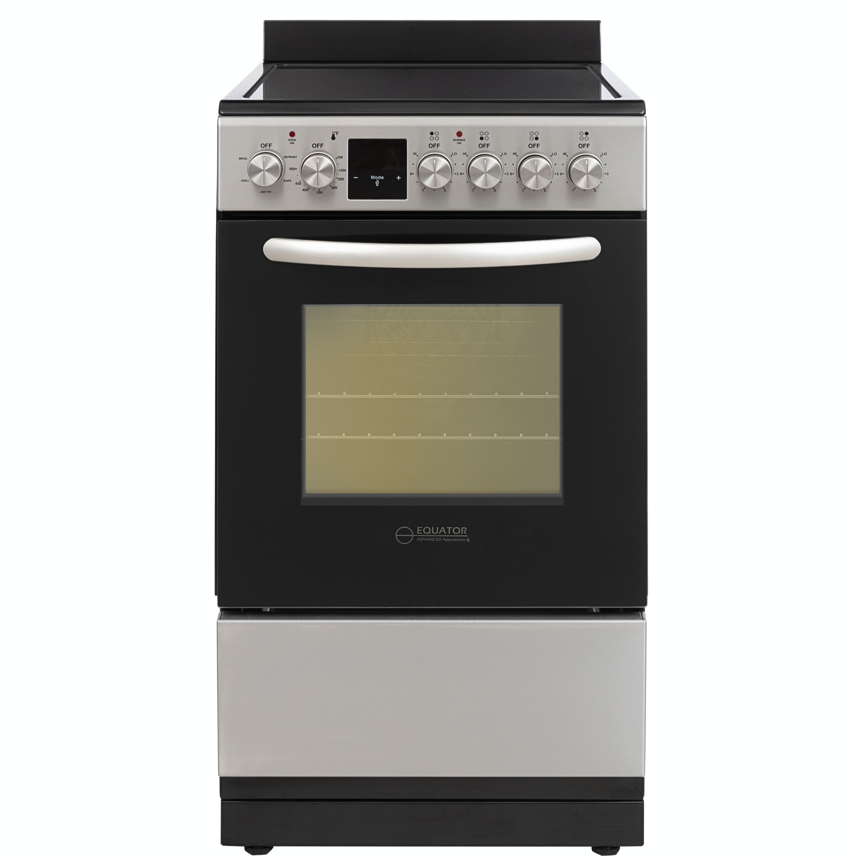 Equator - 20 inch Electric Convection Range 4 Ceramic Burner 1.9 cf Oven, Air Fryer, Bake, Grill, Broil -Drawer 220V - Stainless Steel