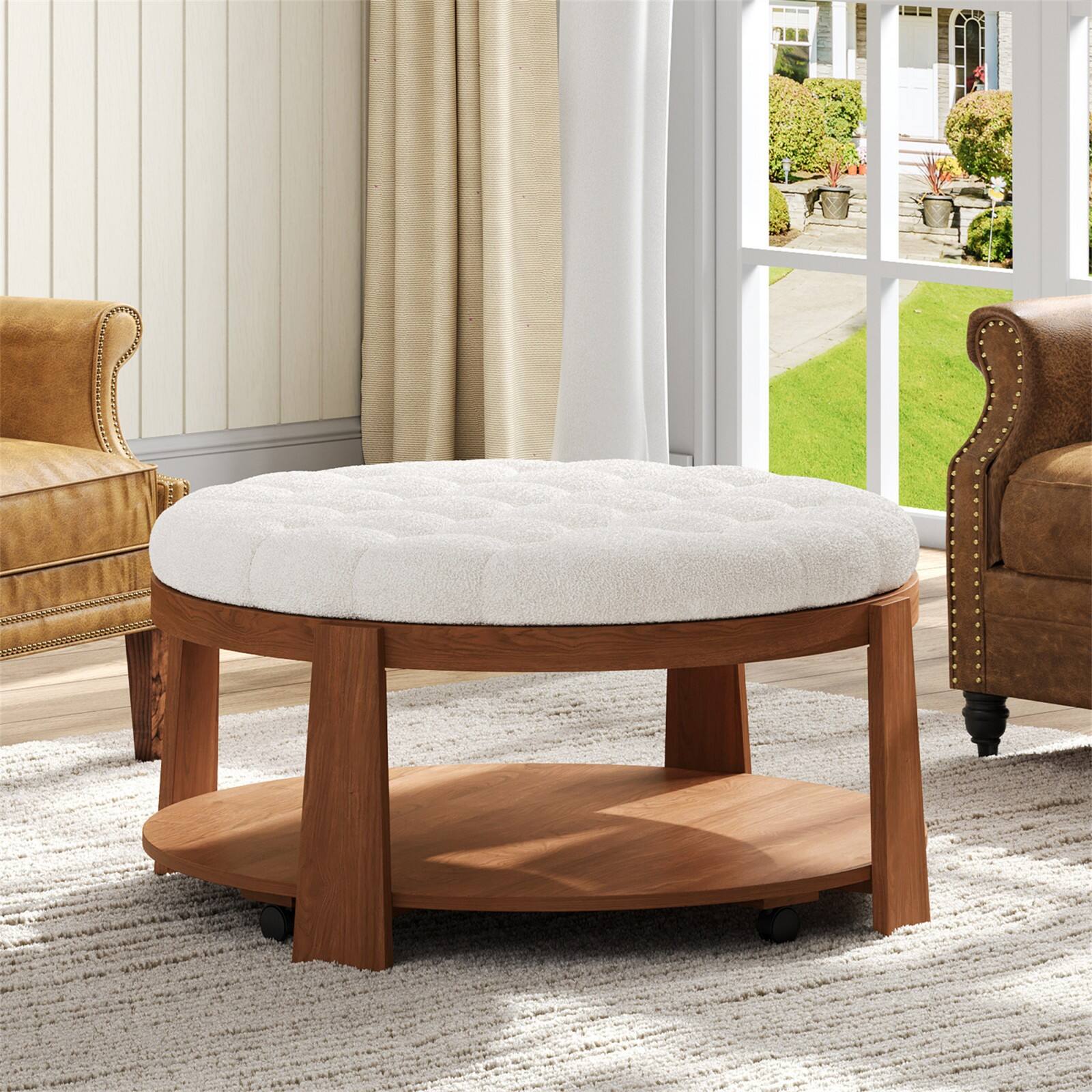 Alt View 8. Ecooso - Modern Large Round Ottoman Coffee Table， 2-Tier，Wood Shelf Storage Upholstered，waterproof Linen，for Living Room - Ivory White.
