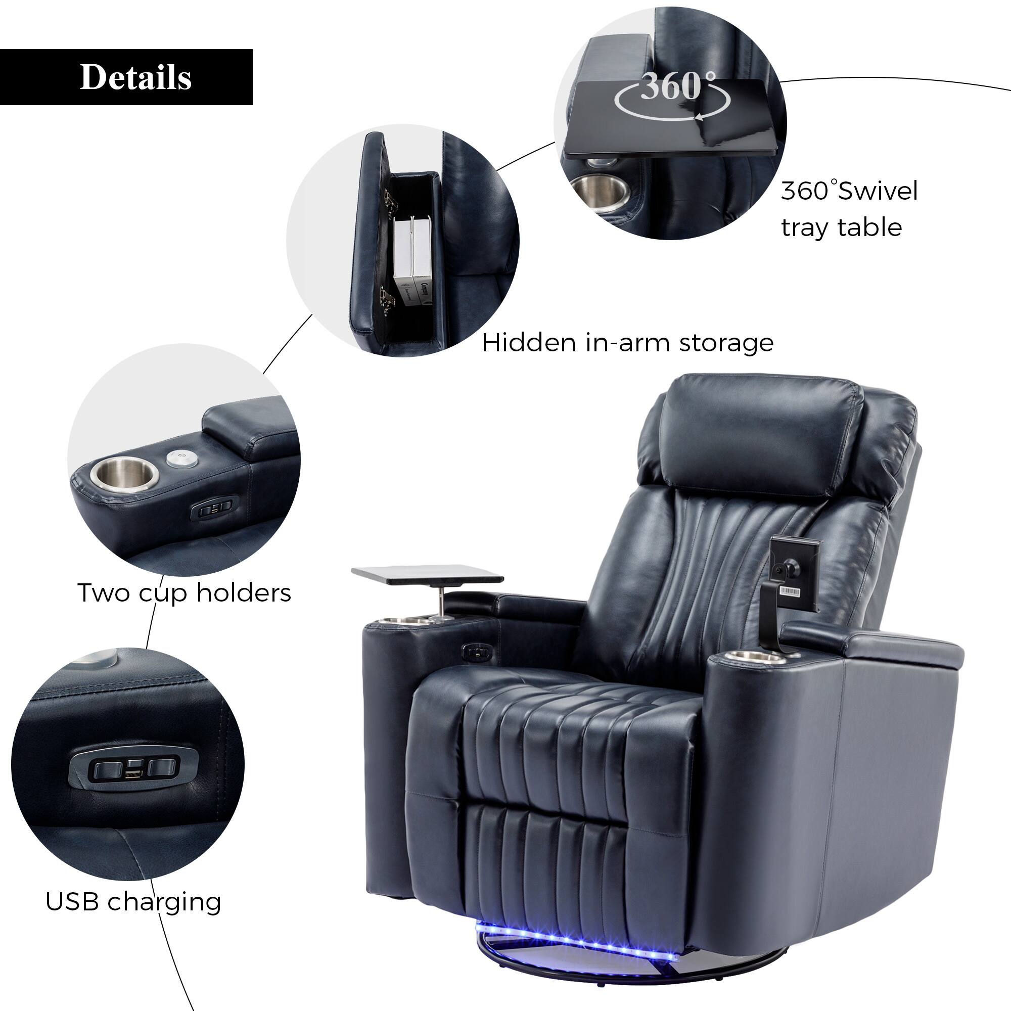 Details  
360° Swivel tray table  
Hidden in-arm storage  
Two cup holders  
USB charging