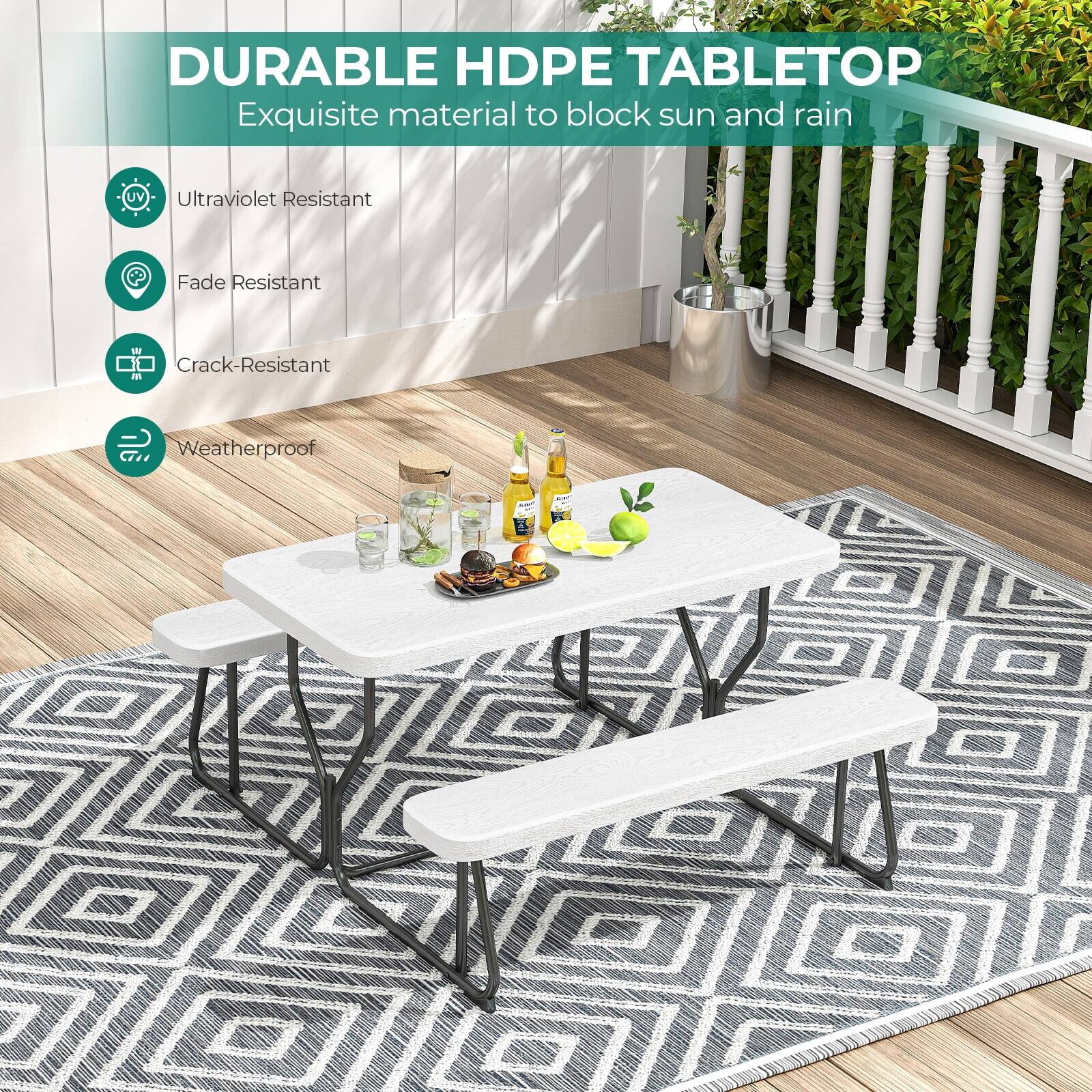 DURABLE HDPE TABLETOP  
Exquisite material to block sun and rain  

- Ultraviolet Resistant  
- Fade Resistant  
- Crack-Resistant  
- Weatherproof