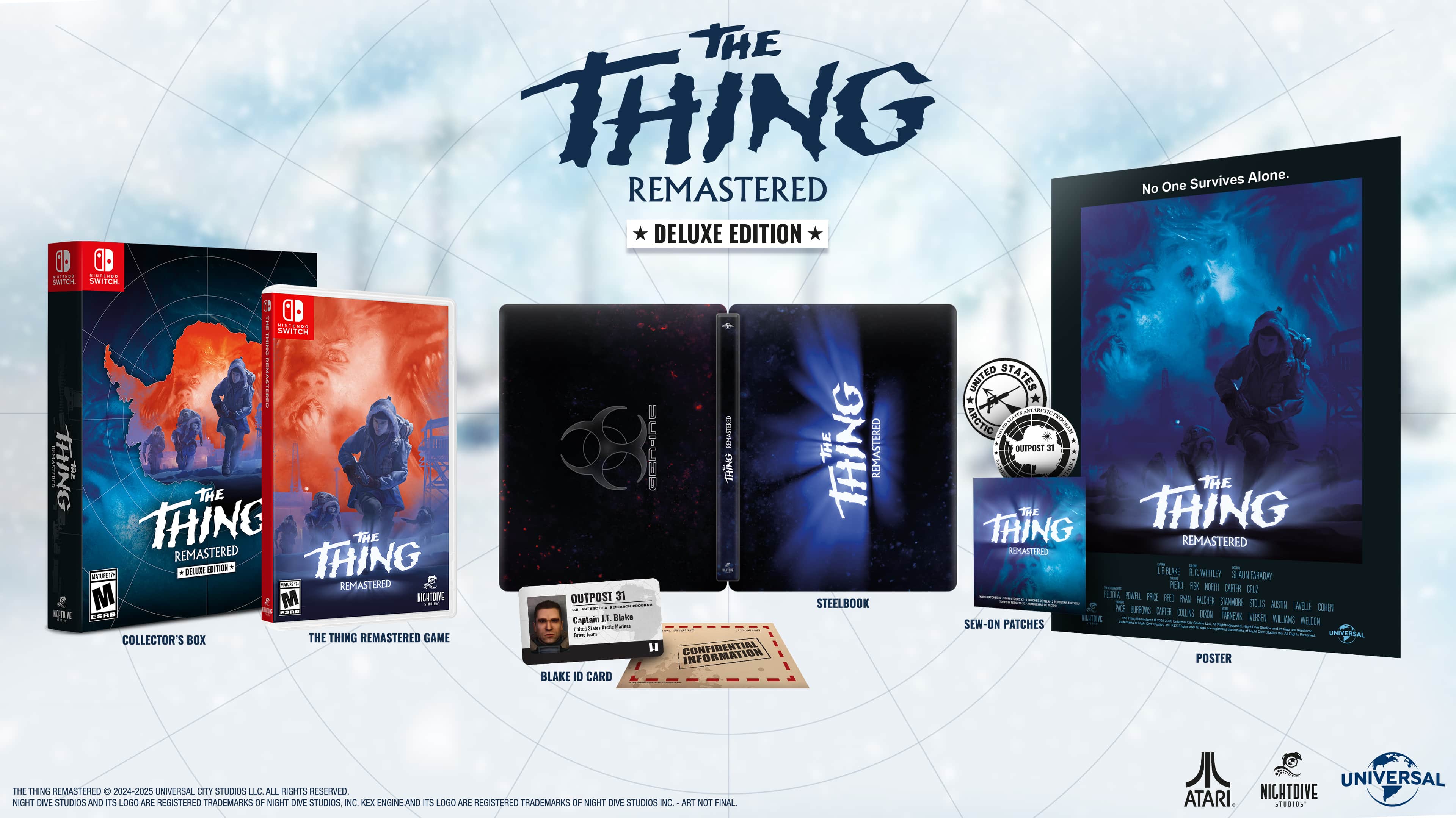 The Thing Remastered Deluxe Edition is a video game that includes a Collector's Box, a Steelbook, a game, and a poster. The game is set in the Arctic Outpost 31, and the player takes on the role of Captain Blake. The game comes with a Blake ID card, and the package also includes a set of stickers and a sew-on patch. The game is available for the Nintendo Switch console.