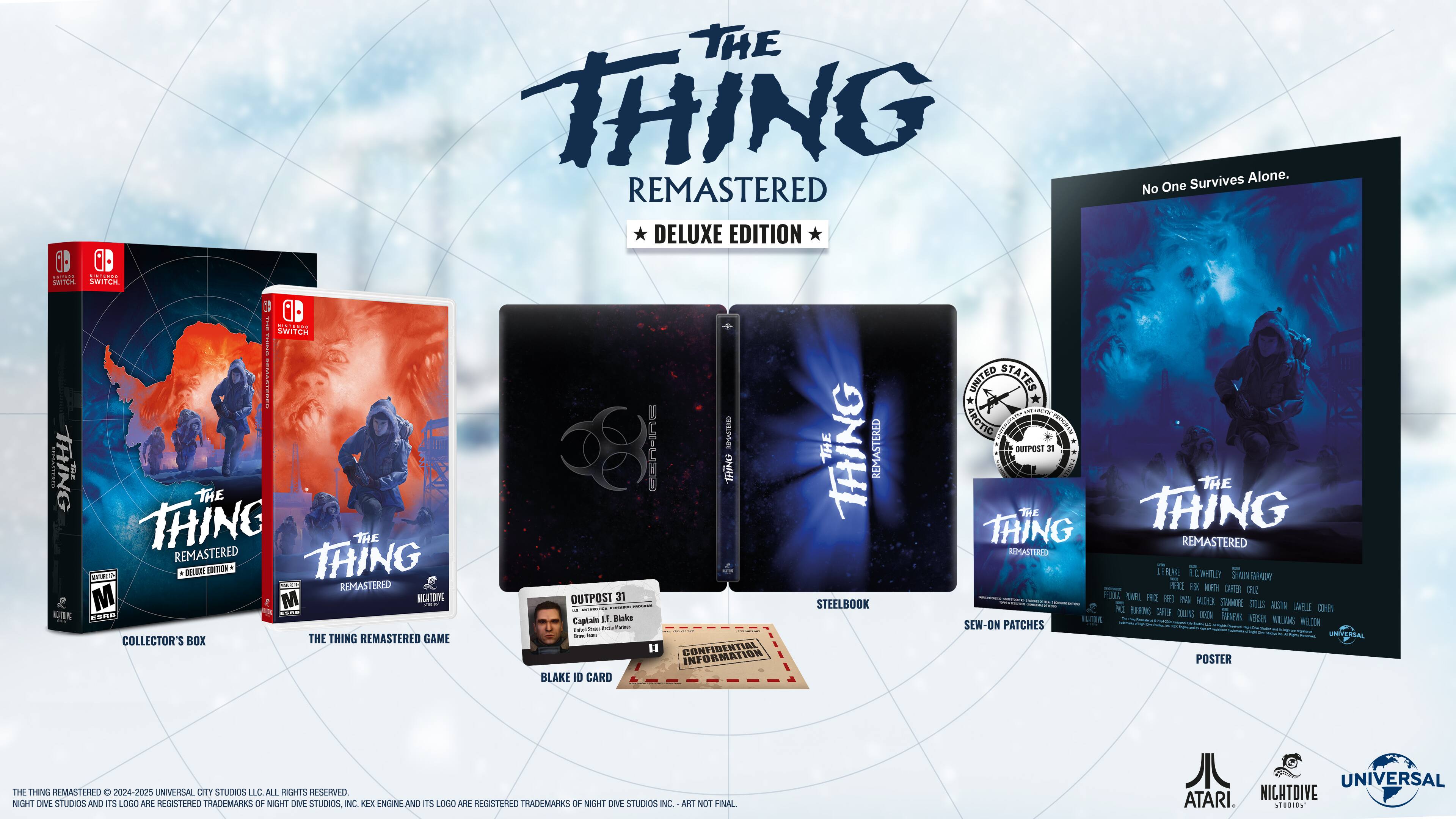 The Thing Remastered Deluxe Edition is a video game that includes a Collector's Box, a Steelbook, a game, and a poster. The game is set in the Arctic Outpost 31, and the player takes on the role of Captain Blake. The game comes with a Blake ID card, and the package also includes a set of stickers and a sew-on patch. The game is available for the Nintendo Switch console.
