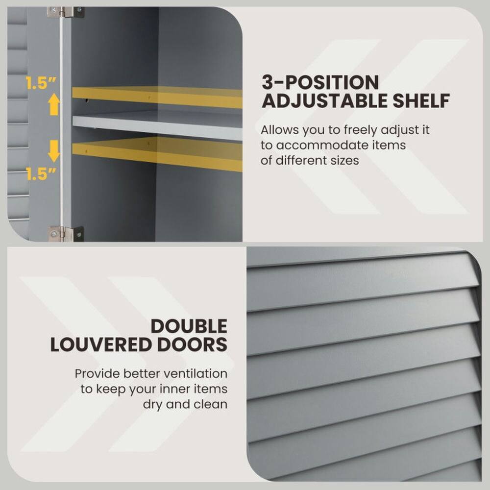 1.5" 3-POSITION ADJUSTABLE SHELF  
Allows you to freely adjust it to accommodate items of different sizes

DOUBLE LOUVERED DOORS  
Provide better ventilation to keep your inner items dry and clean