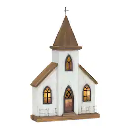 BreeBe - Lighted Natural Wooden Church Display with Rustic Metal Accents 17.5"H - Brown, White
