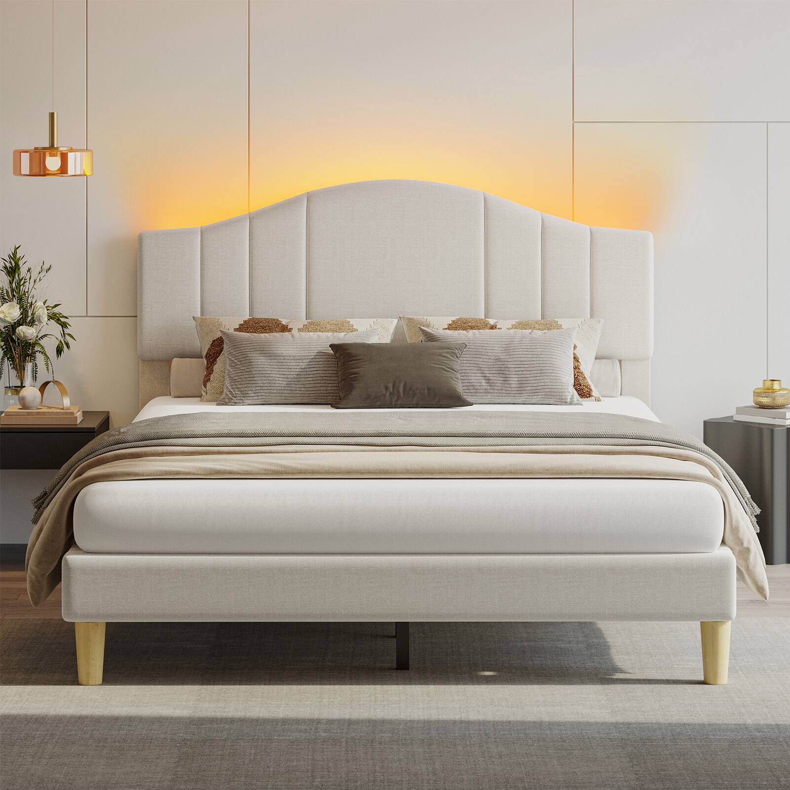 Left. Pinmoco - Pinmoco - Upholstered Platform Bed Frame with Adjustable LED Arc Headboard - Fabric Beige.