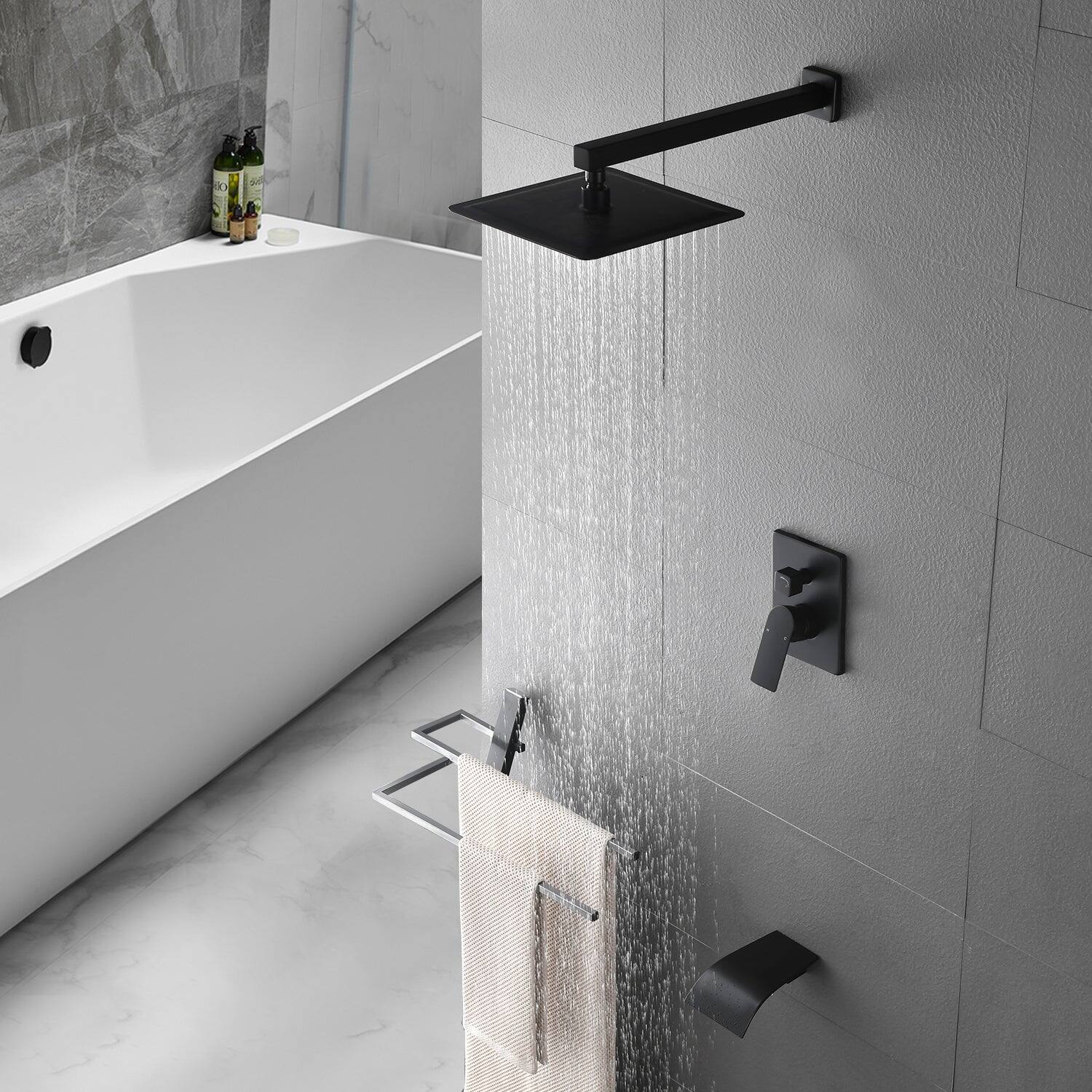 Alt View 9. Boyel Living - Single Handle 1 Spray Tub and Shower Faucet with 10 Inch Square Fixed Shower in Matte Black Valve Included - Matte Black.