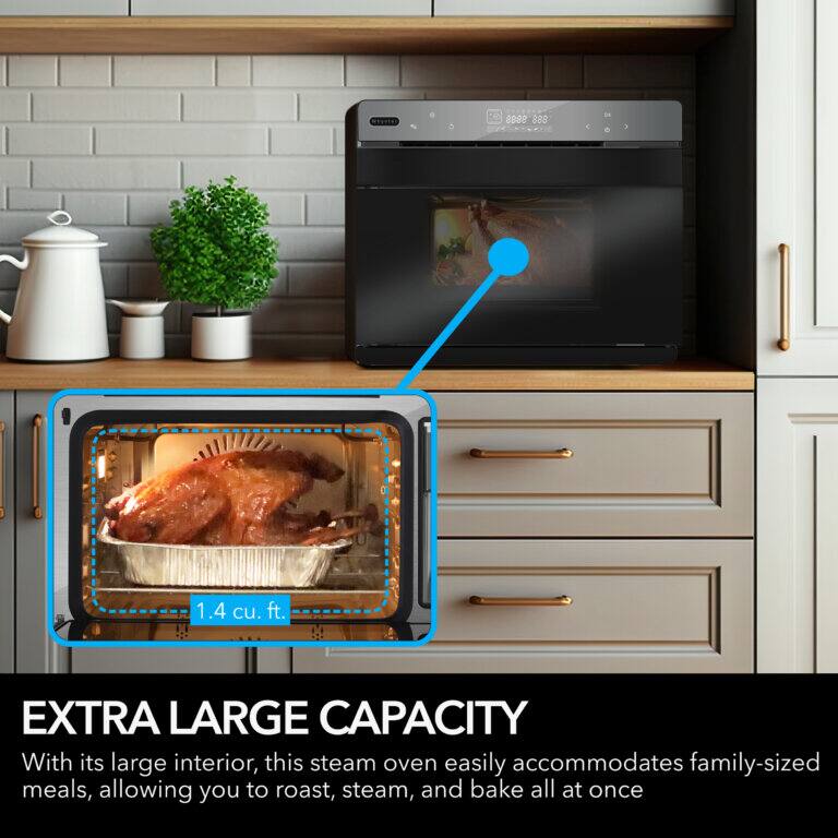 **EXTRA LARGE CAPACITY**

8000 886 1.4 cu. ft.

With its large interior, this steam oven easily accommodates family-sized meals, allowing you to roast, steam, and bake all at once.