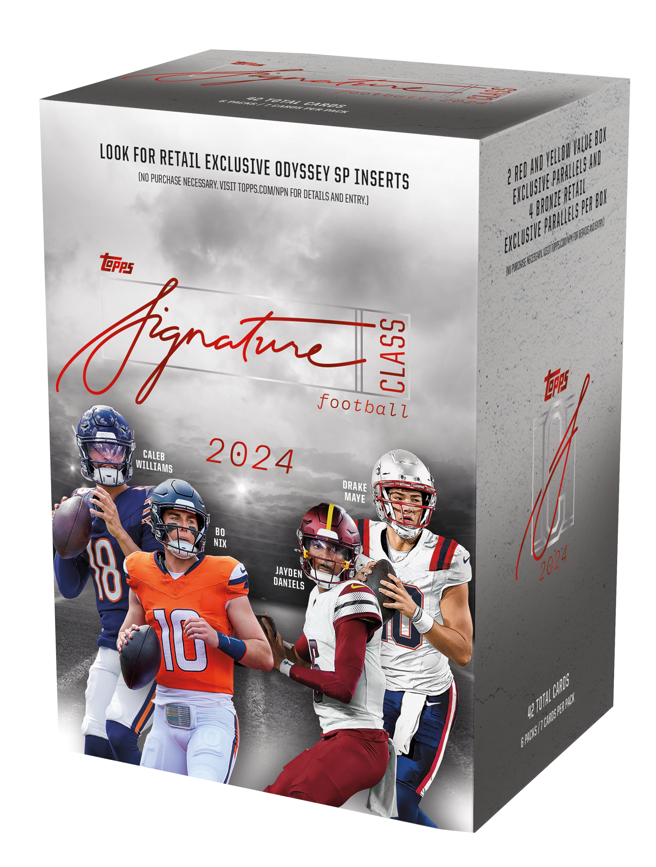Signature Class Football 2024 Box Look for Retail Exclusive Odyssey SP Parallels (No Purchase Necessary. Insert 2 for details and entry.) Bronze per box 4 Parallels 6 8 Exclusive 9 cards total.