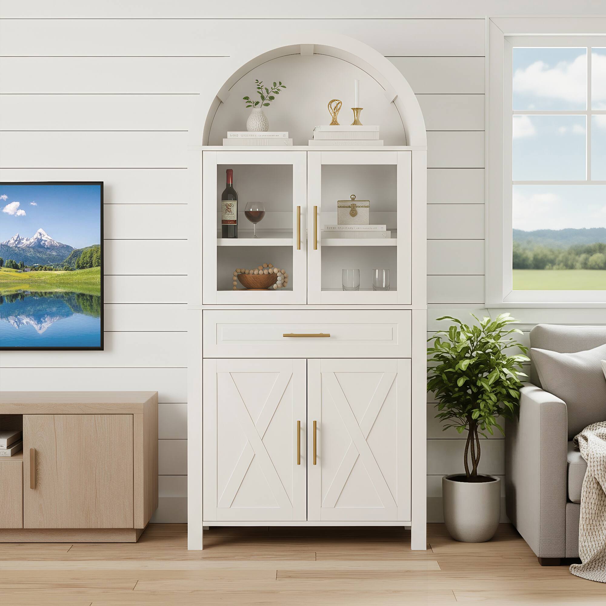 Left. Loheer - Loheer Arched Kitchen Pantry Cabinet, White Farmhouse Storage Cabinet with Glass Doors, Drawer, Adjustable Shelves - White.