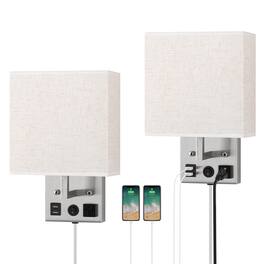 Oumilen - 2 Pack Plug-in Wall Sconce – Brushed Nickel Lamp with Beige Linen Shade & USB Ports