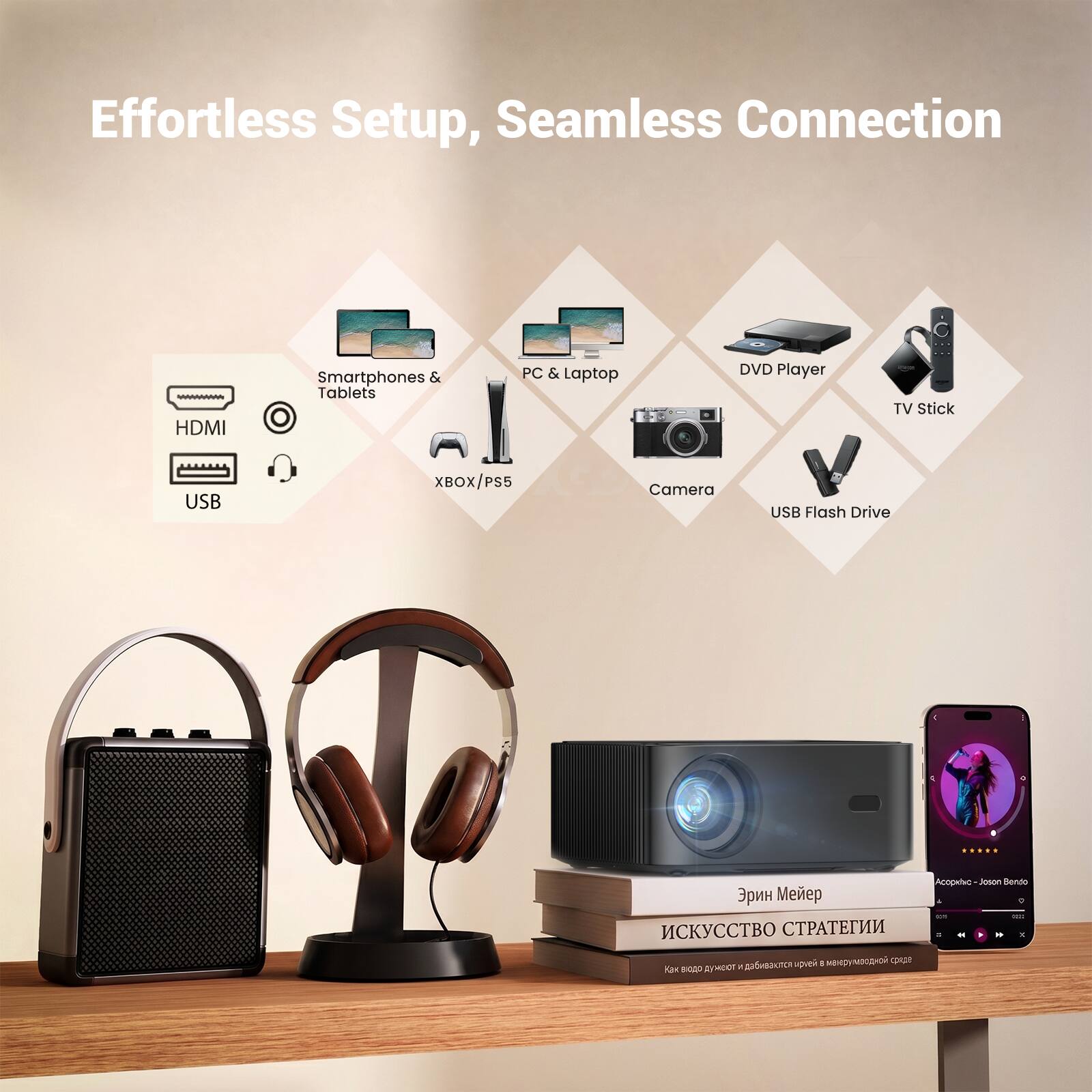 Effortless Setup, Seamless Connection - HDMI Smartphones & Tablets PC & Laptop DVD Player TV Stick USB XBOX/PS5 Camera USB Flash Drive