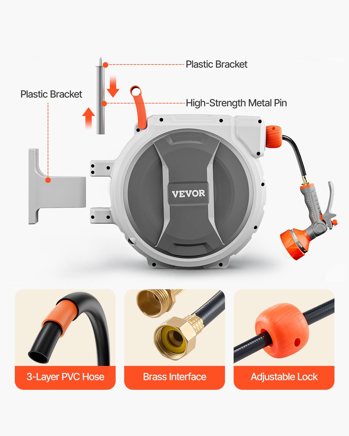 Plastic Bracket  
High-Strength Metal Pin  
3-Layer PVC Hose  
Brass Interface  
Adjustable Lock