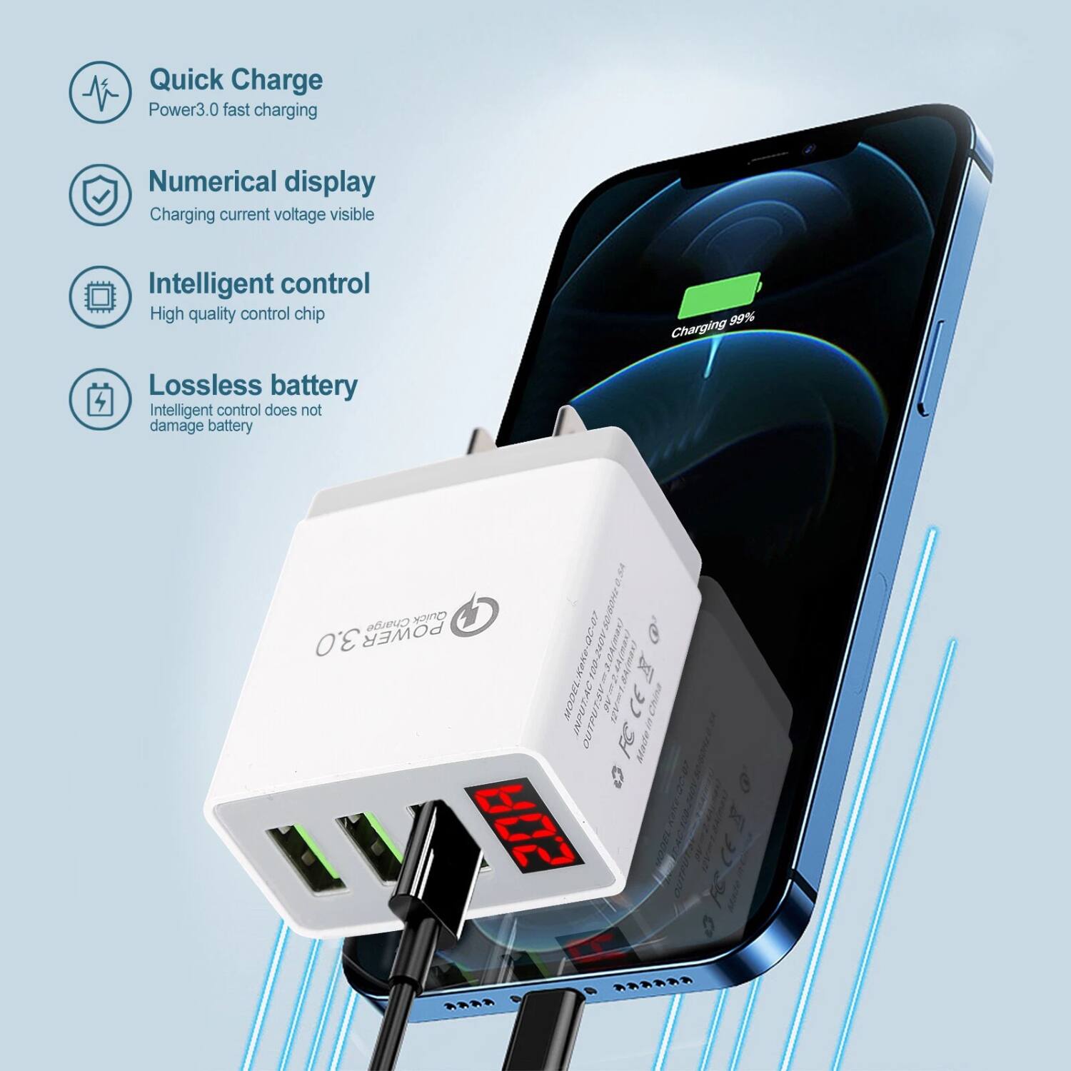 Quick Charge  
Power3.0 fast charging  

Numerical display  
Charging current voltage visible  

Intelligent control  
High quality control chip  

Lossless battery  
Intelligent control does not damage battery  

Charging 99%  

POWER 30W  

9-30-8 04(mas)  
SRY 1200  
INDOTAC 2086  
I (hml)  
CE  
Chisa  
OUTPU  
FC  
Matei  
20A  
k CE  
AAAA  
AAAAA