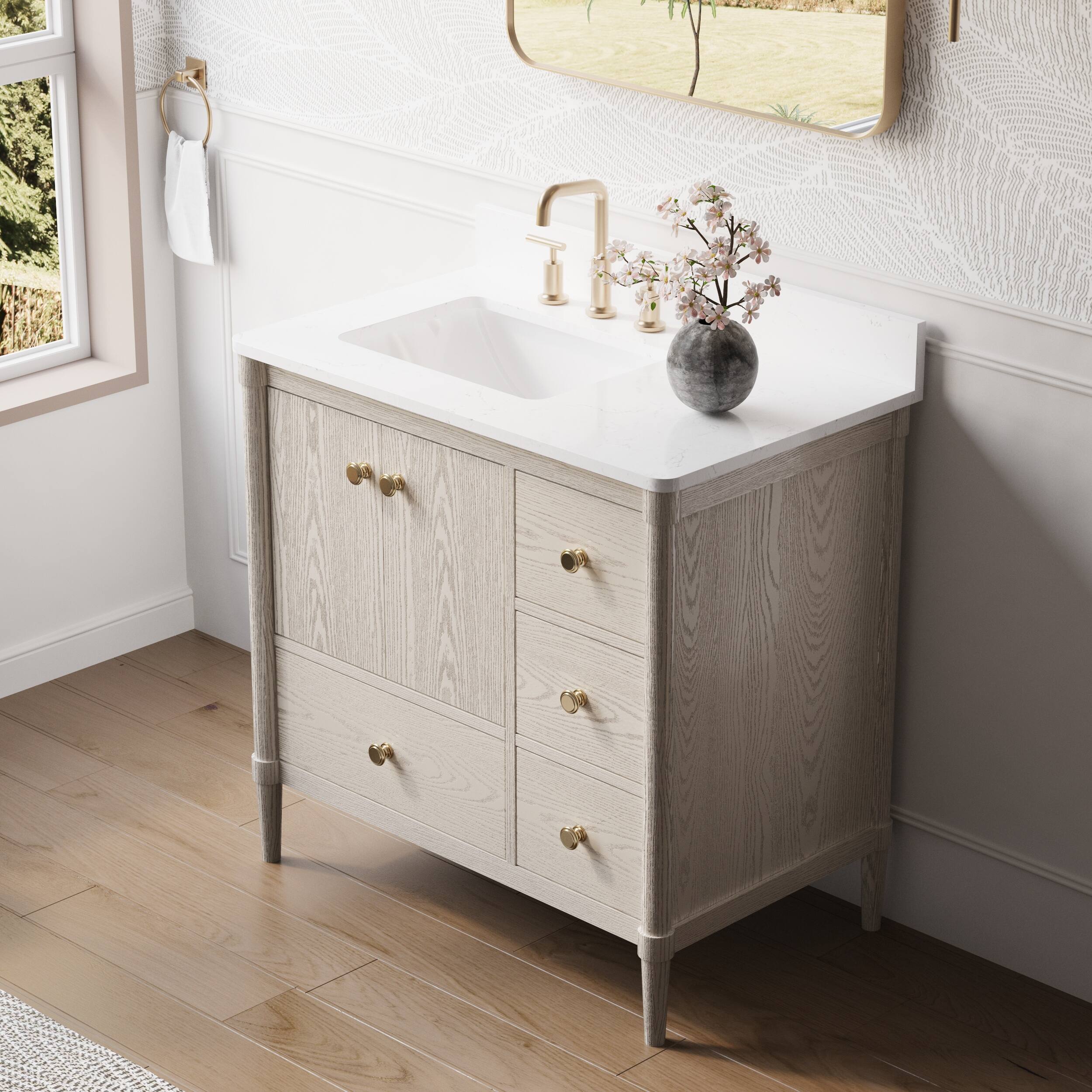 Angle. WELLFOR - ETHAN 36 in. Solid Wood Bath Vanity with Quartz Top, Single Sink, Soft Close, Assembled - OAK.