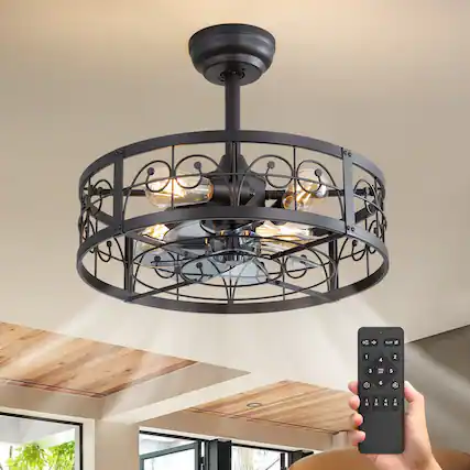 Front. Breezary - 20'' Indoor Caged Ceiling Fan with with Light Kit and Remote, KD Version, 7 ABS Blades, 6-Speed DC Motor, Timer - Matte Black.