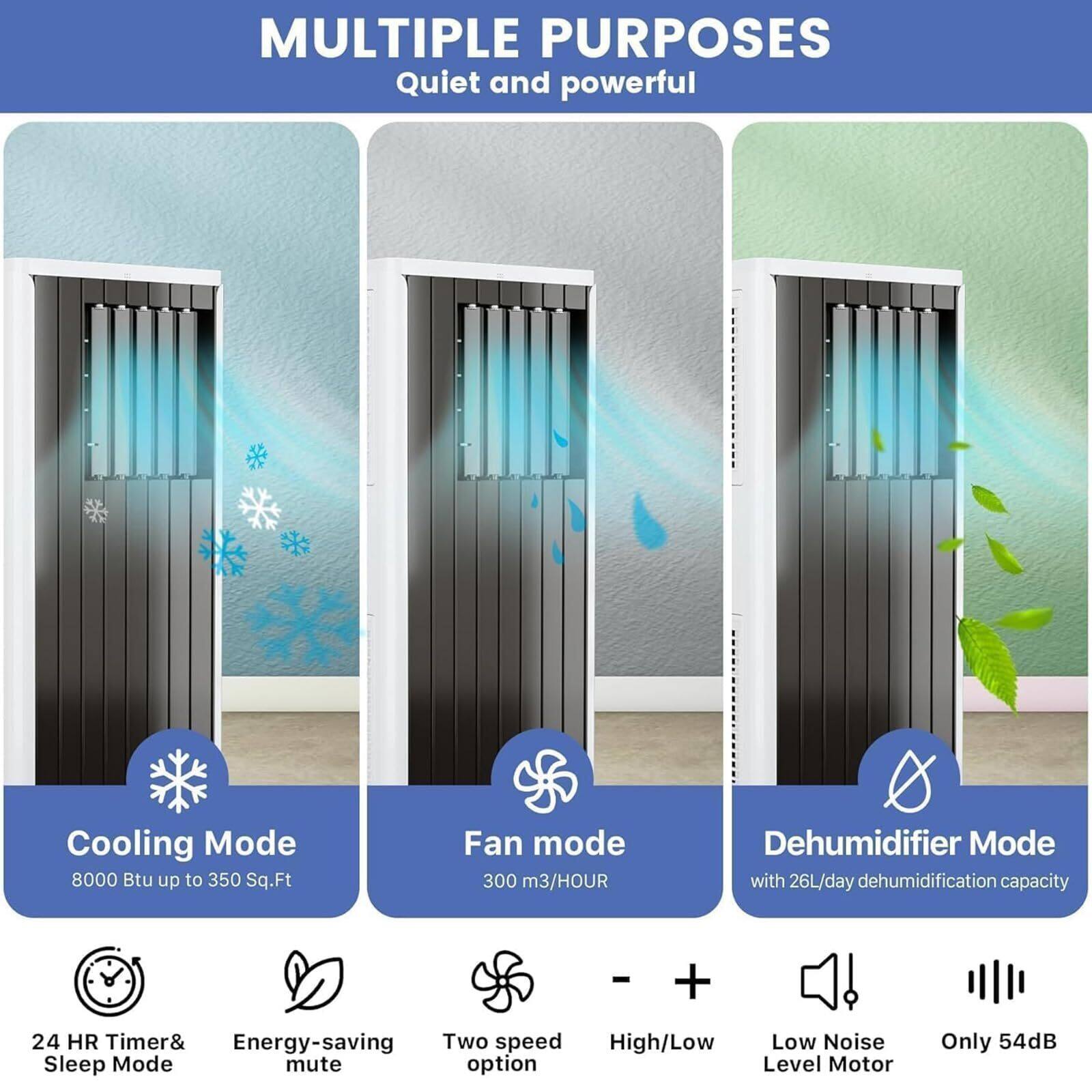 **MULTIPLE PURPOSES**  
Quiet and powerful

- **Cooling Mode**  
  8000 Btu up to 350 Sq.Ft

- **Fan mode**  
  300 m³/HOUR

- **Dehumidifier Mode**  
  with 26L/day dehumidification capacity

---

- **24 HR Timer & Sleep Mode**

- **Energy-saving mute option**

- **Two speed High/Low**

- **Low Noise Level Motor**

- **Only 54dB**
