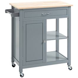 Homcom - Kitchen Island Cart, Rolling Kitchen Island with Storage Shelf, Solid Wood Top, Drawer, for Dining Room - Gray