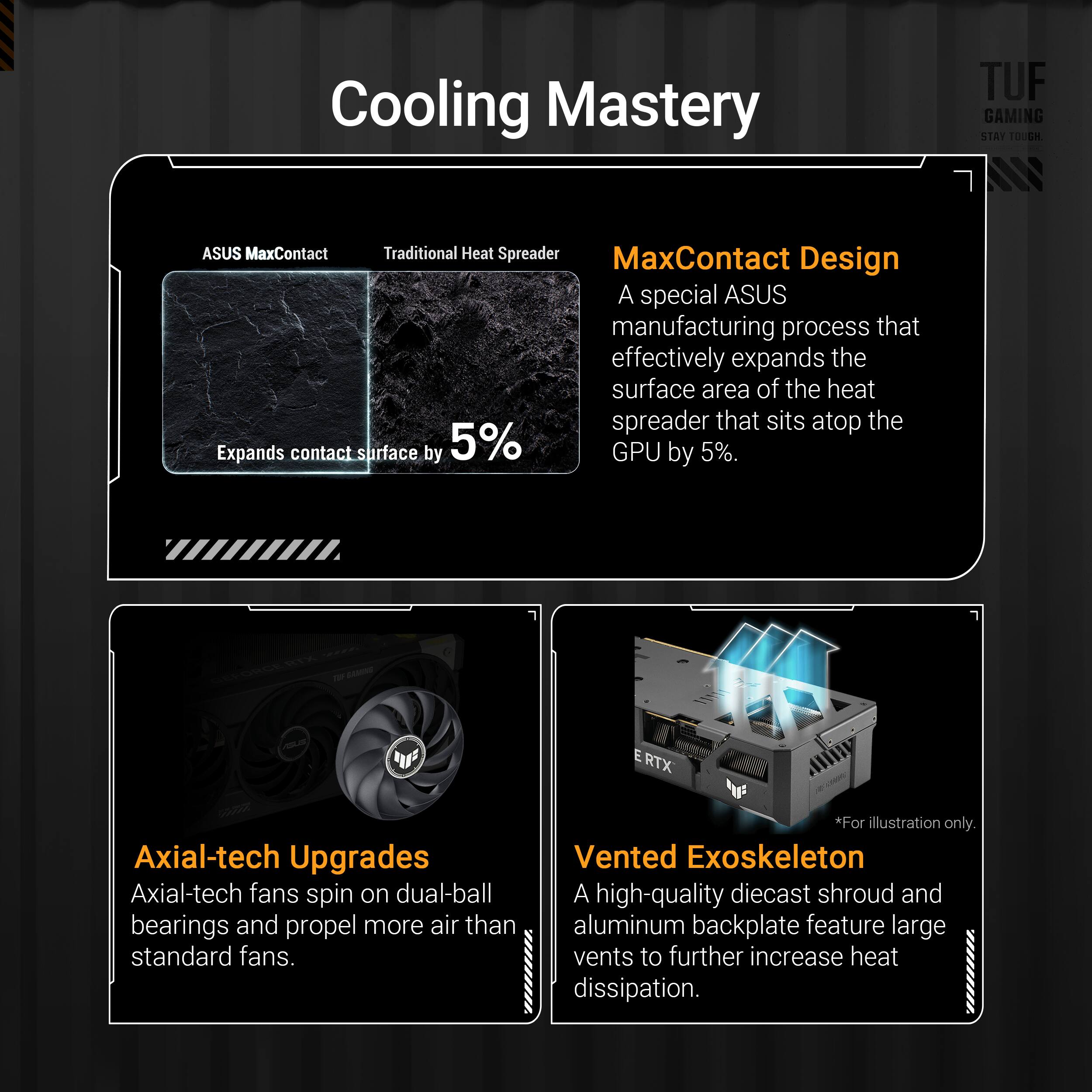 Cooling Mastery:

* Axial-tech Upgrades: Axial-tech fans spin on dual-ball bearings and propel more air than standard fans.
* Traditional Heat Spreader: A special ASUS manufacturing process that effectively expands the surface area of the heat spreader that sits atop the GPU by 5%.
* MaxContact Design: A special ASUS manufacturing process that effectively expands the surface area of the heat spreader that sits atop the GPU by 5%.
* Vented Exoskeleton: A high-quality diecast shroud and aluminum backplate feature large vents to further increase heat dissipation.
