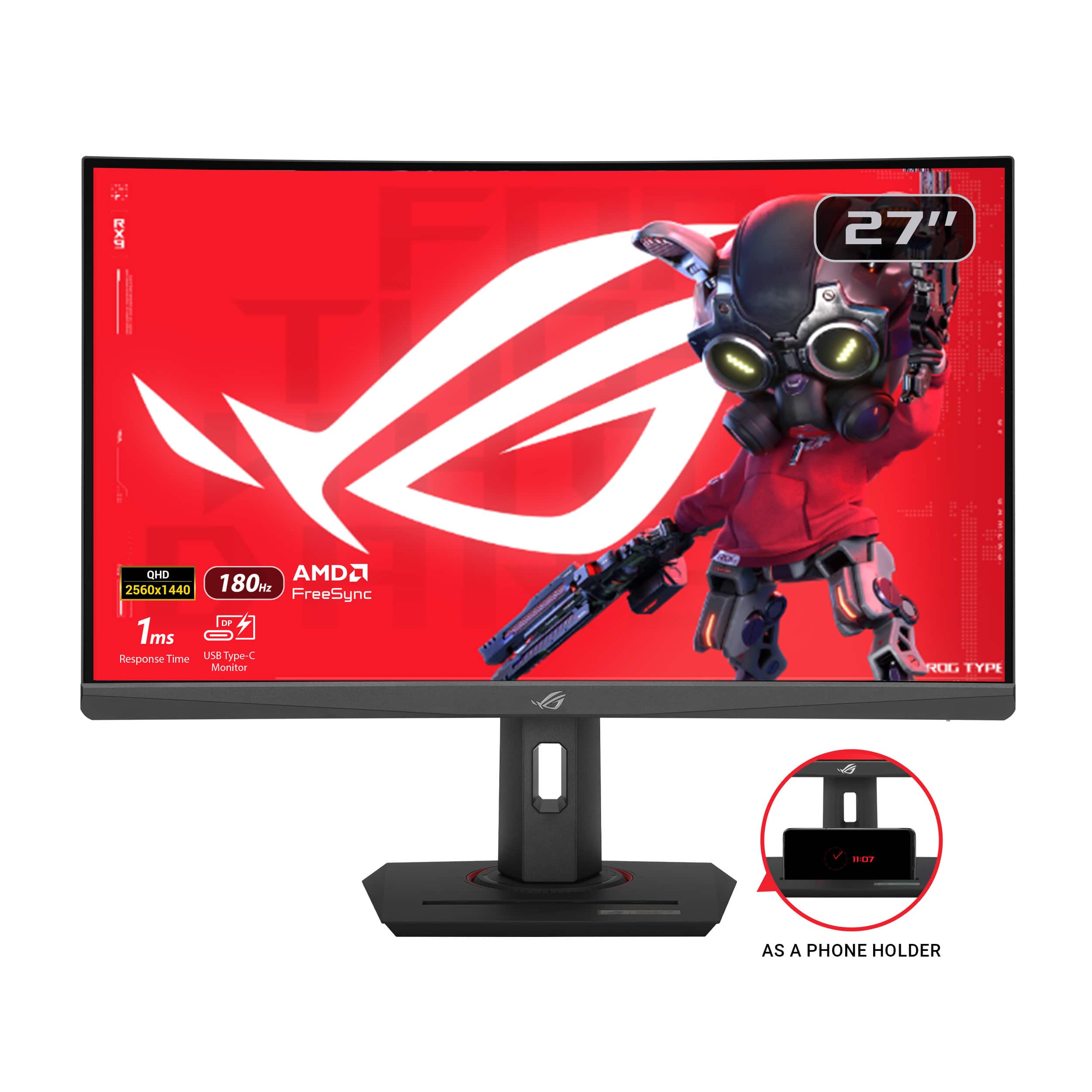 The image features a 27-inch monitor with a red background and a picture of a robot on it. The monitor is an AMD 2 QHD display with a 2560x1440 resolution, a 440 nits brightness, and a 180Hz refresh rate. It also has a FreeSync technology and a 1ms response time. The monitor is designed to be used as a phone holder, making it a versatile and convenient addition to any workspace.