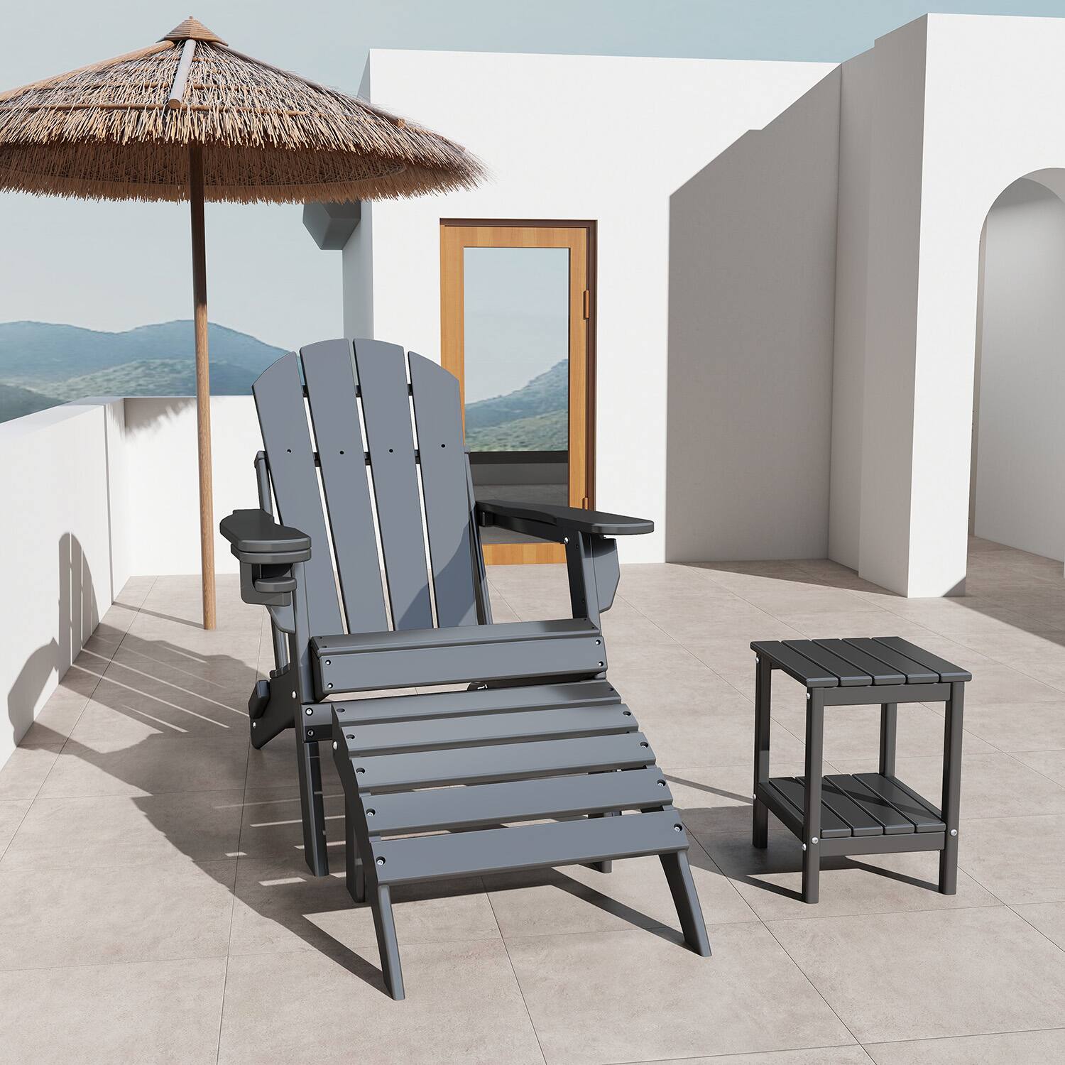 Alt View 1. FODINGHILL - HDPE Adirondack Ottoman, All weather Footrest for Patio & Garden - Grey.