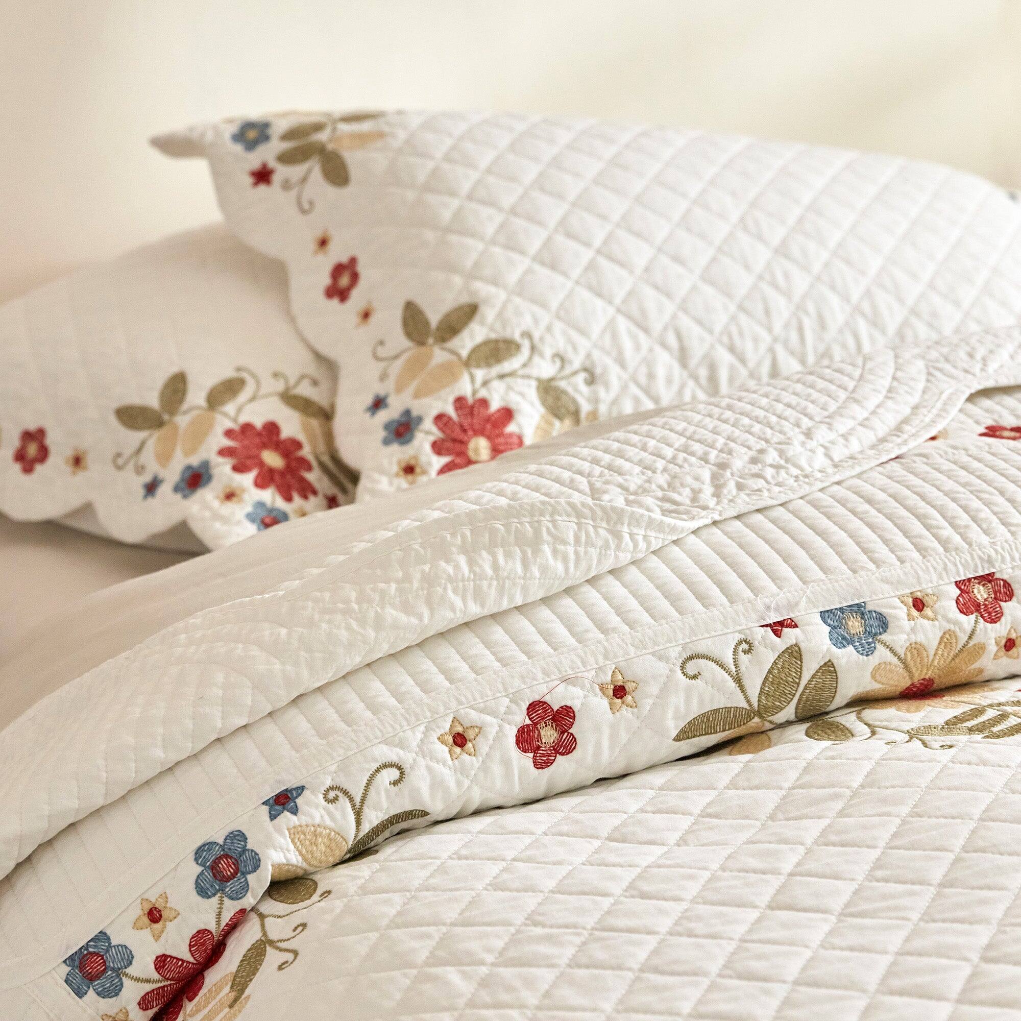 Alt View 2. MarCielo - Marcielo 3 Pieces Cotton European Folk Embroidered Quilt Bedspread Set Modern Farmhouse Style - White.