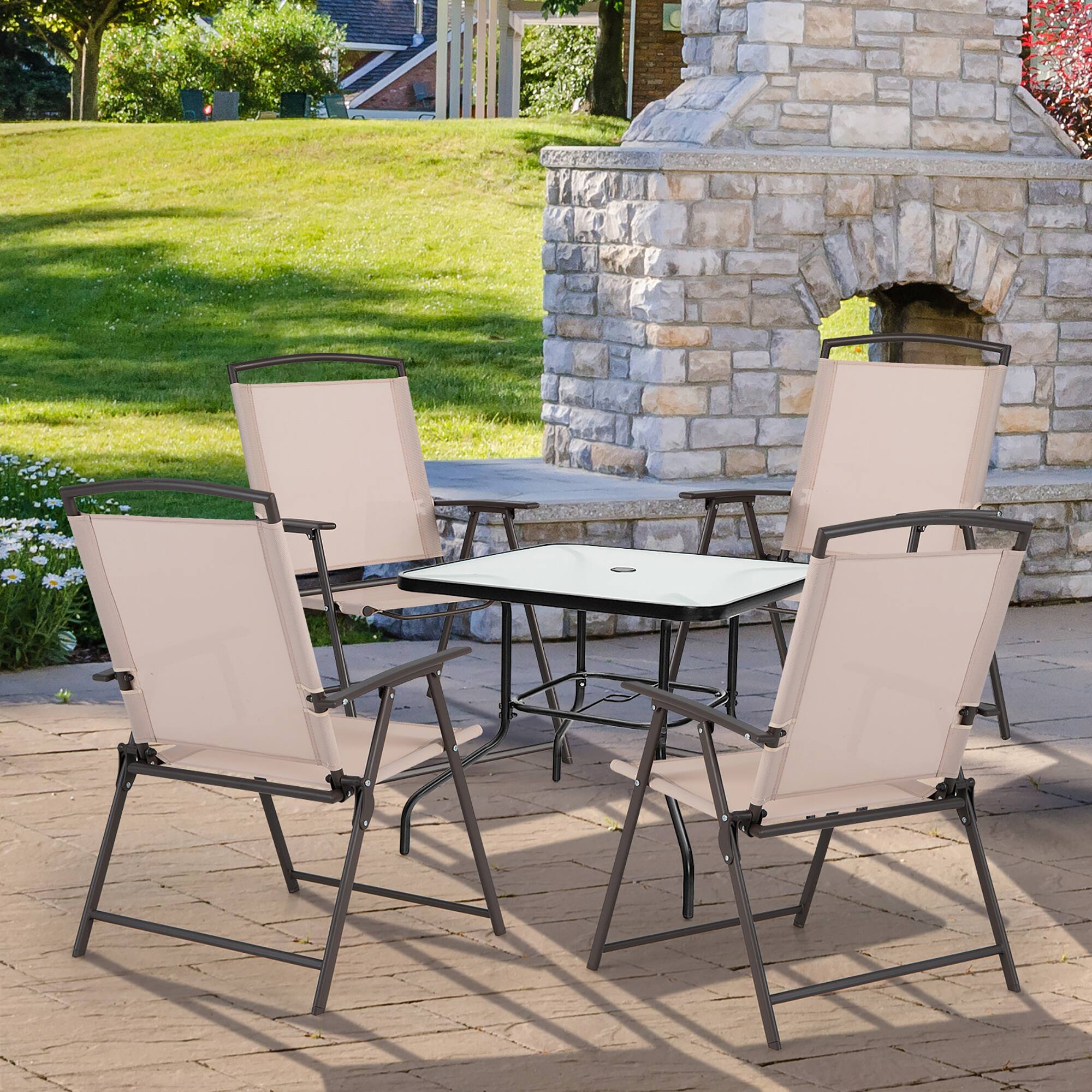 Alt View 1. Costway - Costway 4 pcs Patio Folding Sling Dining Chairs Armrests Steel Frame Outdoor - Beige.
