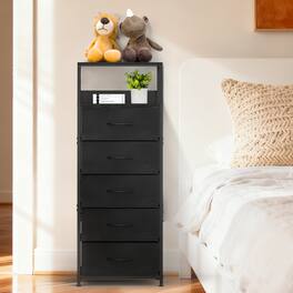Oumilen - 5-Drawer Tall Dresser with Wood Top and Fabric Drawers - Black