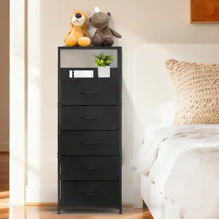 Front. Oumilen - Black 5-Drawer Tall Dresser with Wood Top and Fabric Drawers - Black.